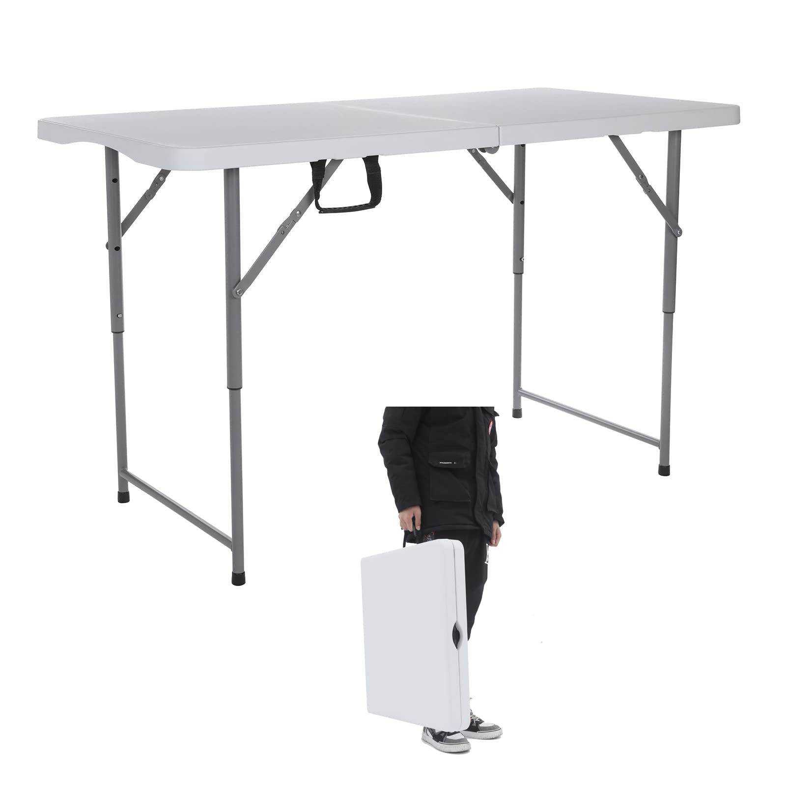 122CZ 4-Foot Folding Table - Portable Adjustable Height Table for Indoor & Outdoor Use - Lightweight Compact Design with Carry Handle - Perfect for Camping, Picnics, Parties, Home Office and Small Gatherings