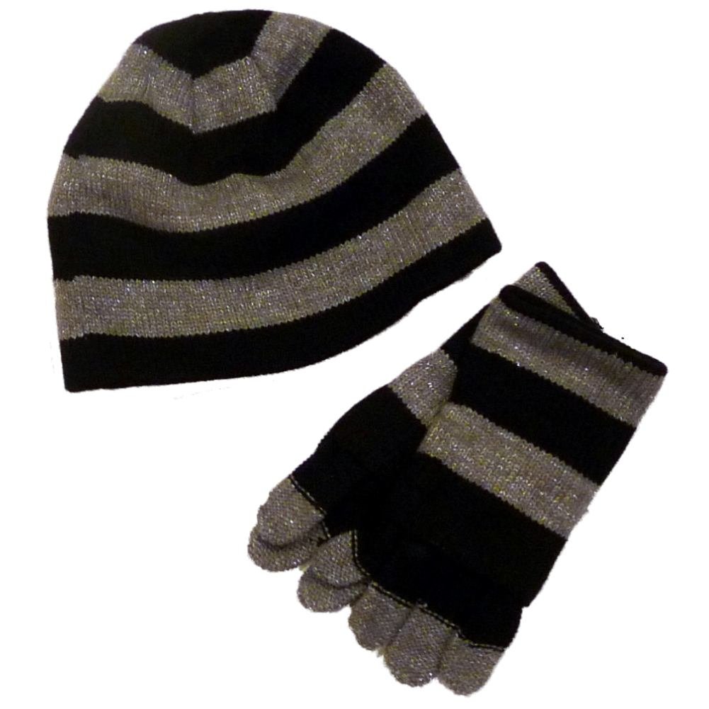 Faded Glory Girls Silver & Black Striped Metallic Hat & Gloves Beanie Set - Winter Warm Accessories for Kids Outdoor Activities & Snow Play