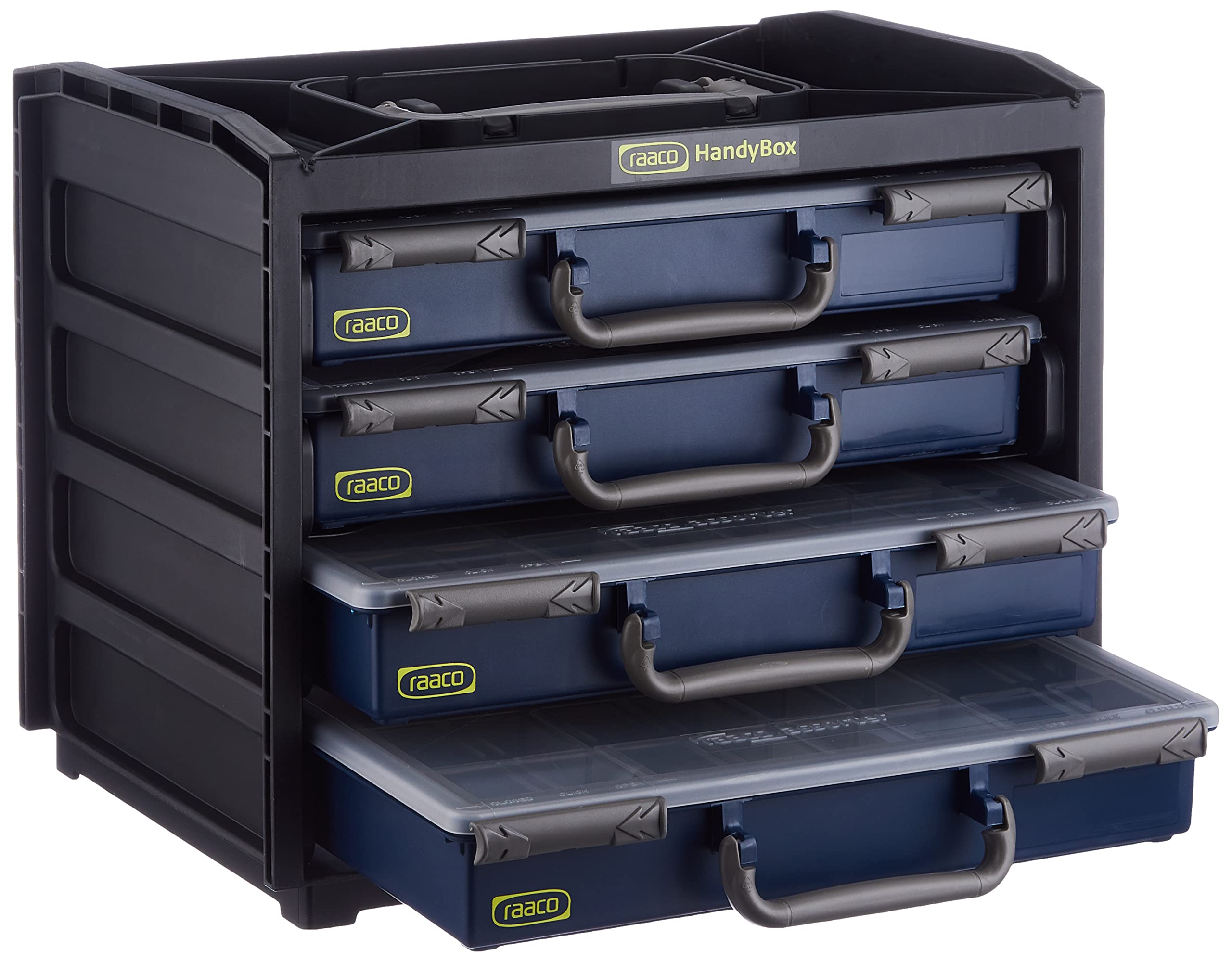 Raaco 136242 Portable Handy Box with 4 A4 Assorters - Black/Blue Organizer for Office Supplies, Crafts & DIY Projects | Perfect for Home, Office & School Organization