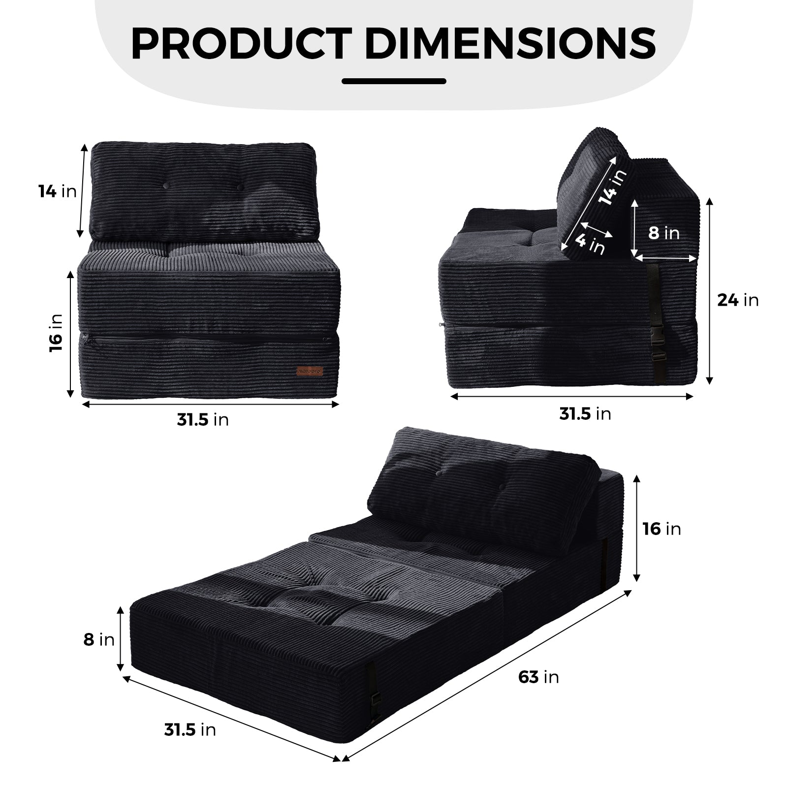 MAXYOYO Folding Sofa Bed - Convertible Sleeper Sofa with High Density Support Foam for Small Spaces, Guest Room & Studio Apartments - Perfect for Living Room, Bedroom & Office - Black