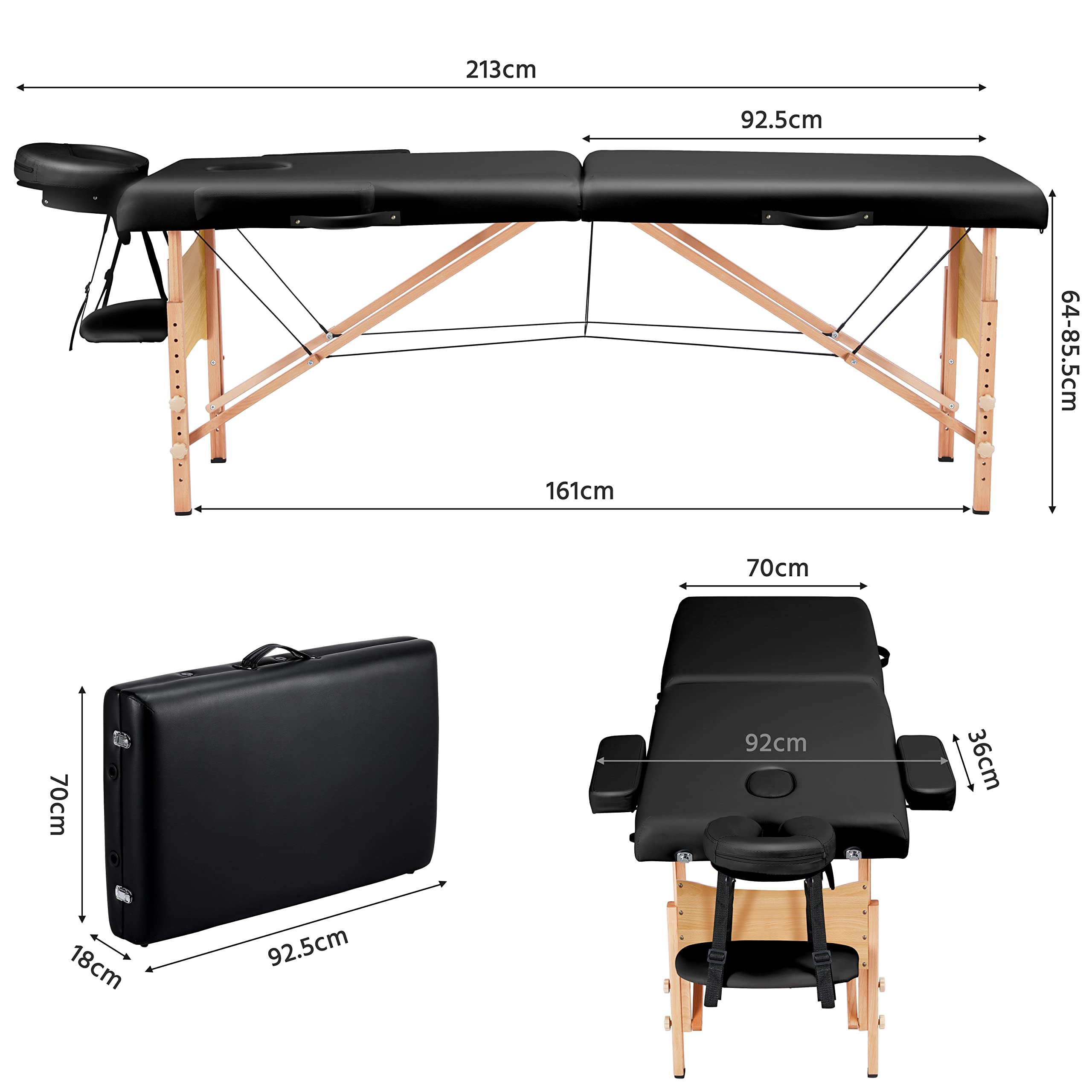 Yaheetech 70cm Folding Massage Table - Professional 2-Section Solid Wood Massage Bed for Spa, Therapy & Cosmetic Use - Black | Perfect for Home, Salon & Clinic Relaxation