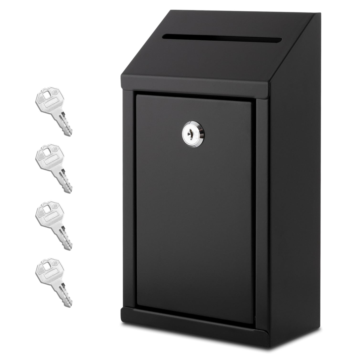 Lockable Metal Donation Box with 4 Iron Keys - Wall Mounted Cash Drop Box with Secure Slot - Black Suggestion Box (1-Pack) - Perfect for Churches, Schools, and Charity Events