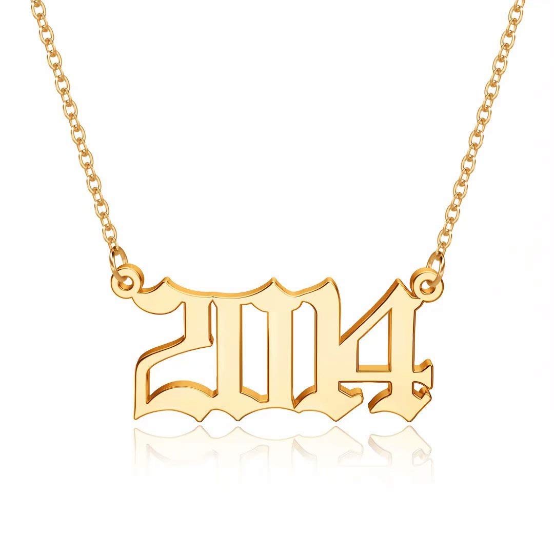 18K Gold Plated Old English Birth Year Necklace for Women - Personalized Jewelry Gift for Birthday, Anniversary (1970-2021) | Elegant Layering Necklace for Everyday Wear & Special Occasions