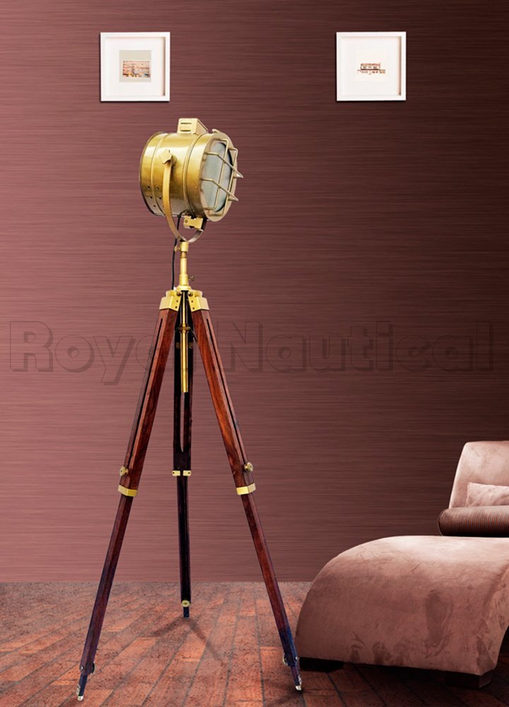 Antique Designer LED Tripod Floor Lamp - Vintage Nautical Wooden Standing Light for Living Room, Bedroom & Office - Adjustable Height Modern Lighting for Home Decor