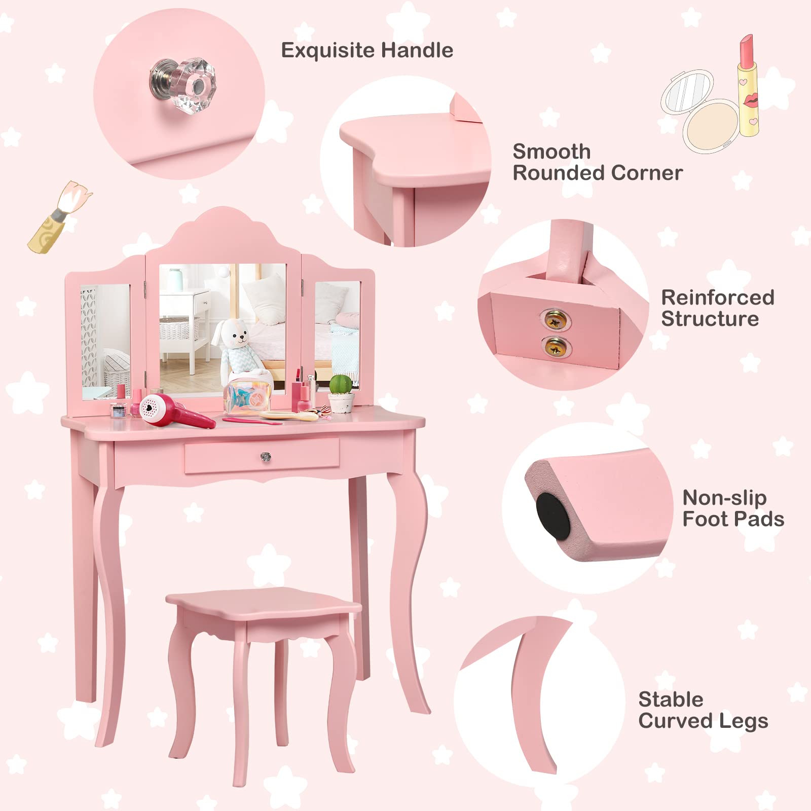 Honey Joy Kids Vanity Set with Mirror & Stool - Wooden Toddler Makeup Table for Girls (Pink) - Perfect for Pretend Play & Room Decor