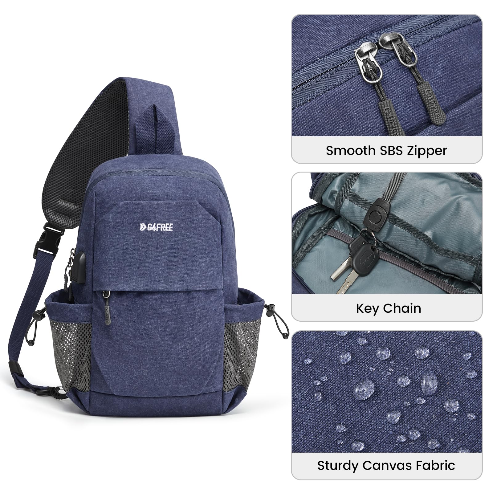 G4Free Anti-Theft Canvas Sling Bag with USB Charging Port - Crossbody Backpack Shoulder Bag for Men & Women - Perfect for Travel, Hiking, Commuting and Daily Use