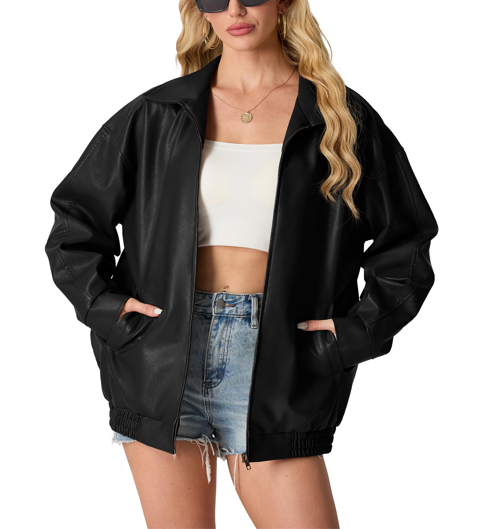Lepunuo Women's Oversized Faux Leather Moto Jacket - Y2K Streetwear Biker Coat for Fall & Winter Fashion | Perfect for Casual Outings, Nightlife, and Urban Street Style