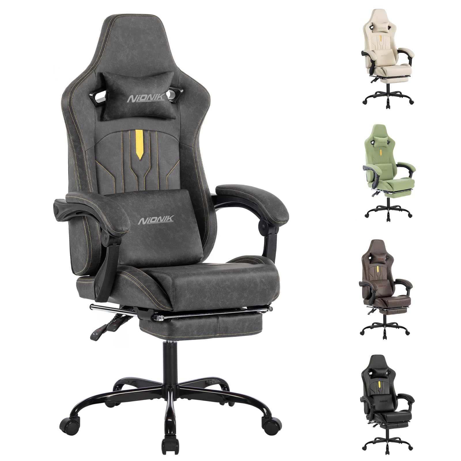 Premium Gaming Chair with Massage Lumbar Support & Footrest - Ergonomic Computer Chair with Adjustable Height & Linkage Armrests - PU Leather Racing Style Video Game Chair for Adults (Grey) - Perfect for Esports, Streaming & Home Office Setup