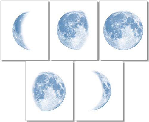 Moon Phases Wall Art Prints - Set of 5 Unframed 11x14 Blue Celestial Decor - Perfect for Bedroom, Nursery & Boho Home Decor