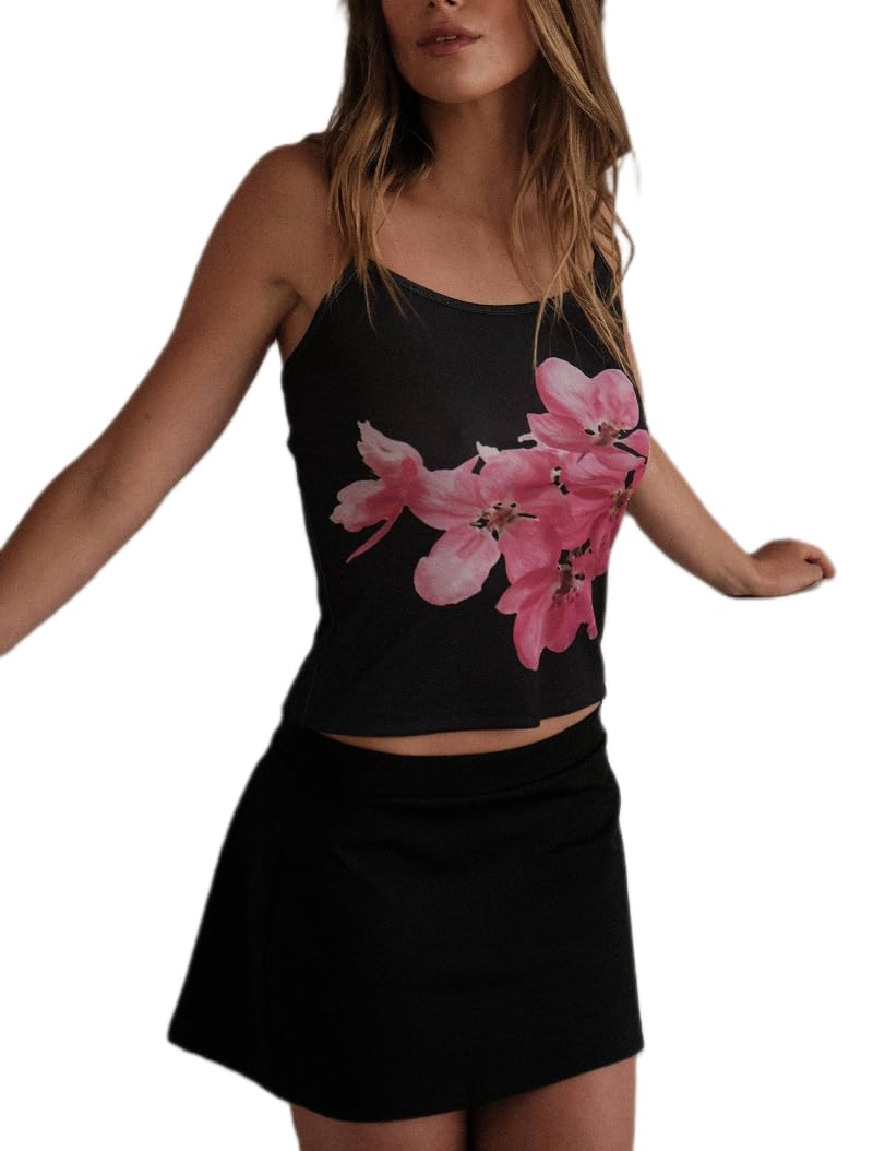 Women's Y2K Floral Print Spaghetti Strap Cami Tank Top - Sexy Slim Fit Camisole for Summer, Beach, Party & Going Out