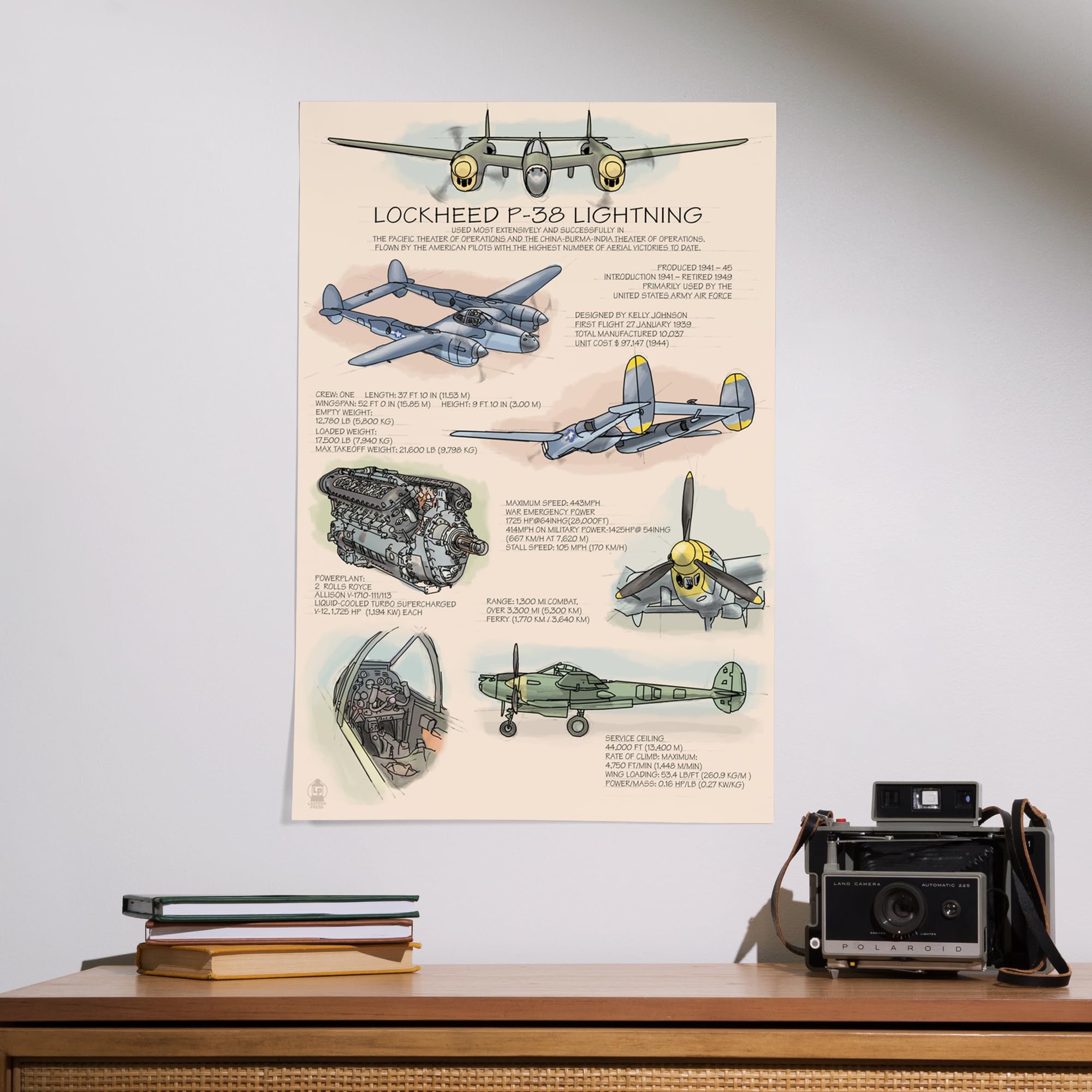 Lantern Press 16x24 Inch Giclee Art Print - P-38 Lightning Aircraft Technical Illustration - Perfect for Aviation Enthusiasts & Home Office Decor