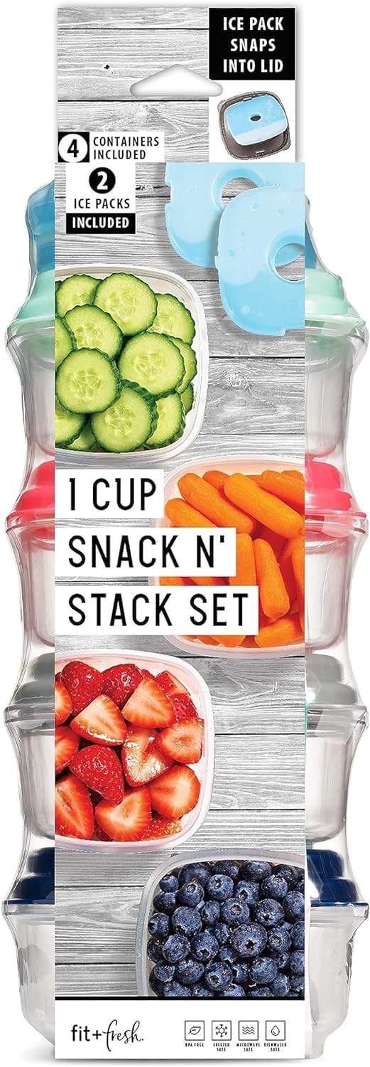 Fit & Fresh 8 oz Small Plastic Food Storage Containers with Lids - 4 Pack Leakproof Reusable Snack Containers for Salads, Dressings & Condiments - Includes 2 Attachable Ice Packs for Lunch Box & Meal Prep