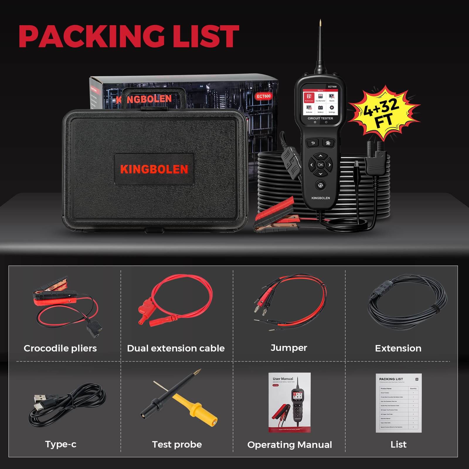 KINGBOLEN ECT600 12V/24V Car Battery Tester - Multi-Function Automotive Battery Analyzer for 0-80V DC with 10m Extension Cord - Perfect for Home, Garage & Roadside Vehicle Maintenance
