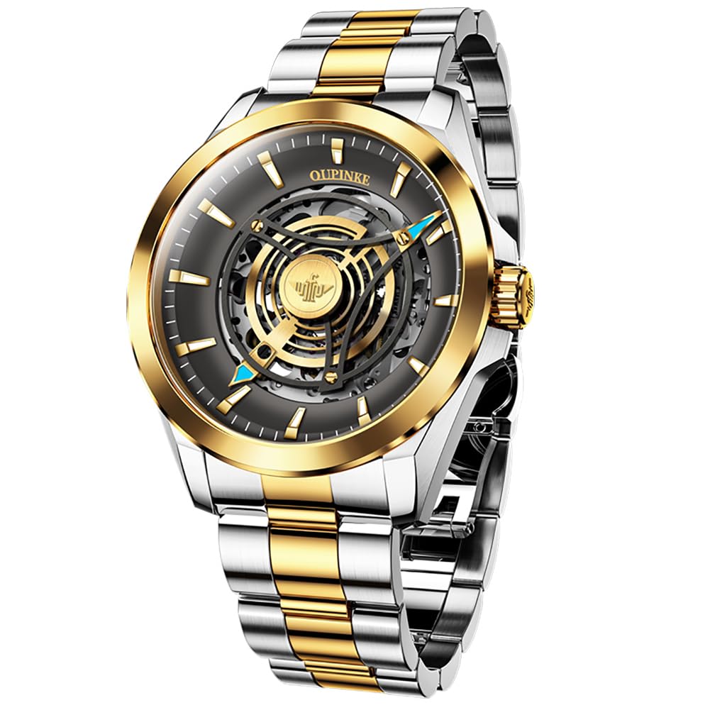 Premium OUINKEE Men's Skeleton Automatic Mechanical Watch - Self-Winding Luxury Dress Watch with Black Tungsten Case, Sapphire Crystal, Luminous Hands & Waterproof Design | Perfect for Business, Formal Events & Everyday Elegance