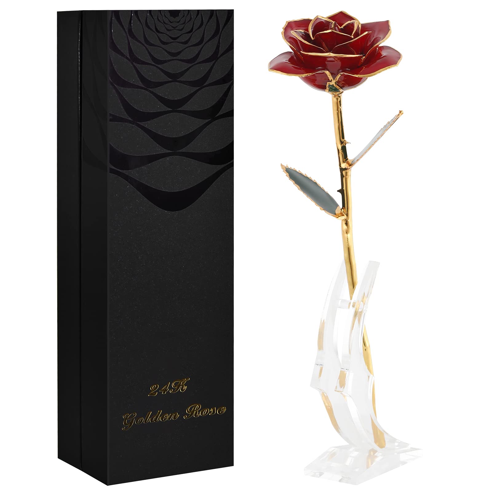 24k Gold Plated Eternal Rose in Gift Box - Romantic Anniversary, Valentine's Day, Birthday & Mother's Day Present for Women - Perfect for Home Decor, Wedding Centerpiece & Special Occasion Keepsake (Red)