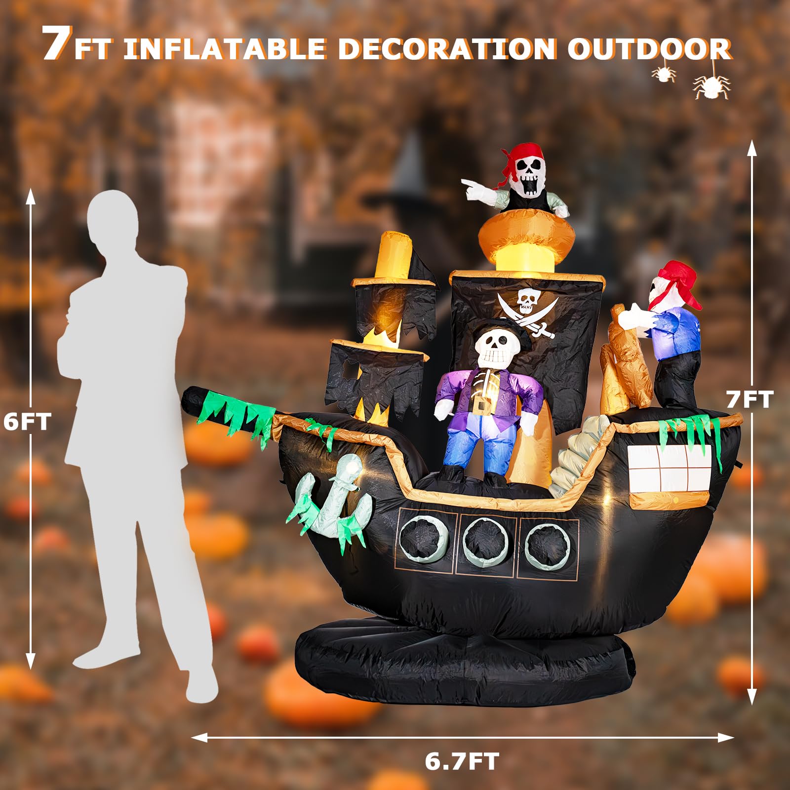 7FT Halloween Inflatable Pirate Ship with LED Ghost Lights - Outdoor Halloween Decorations for Yard, Garden, Party - Spooky Pirate Theme for Halloween Party Decor & Lawn Display