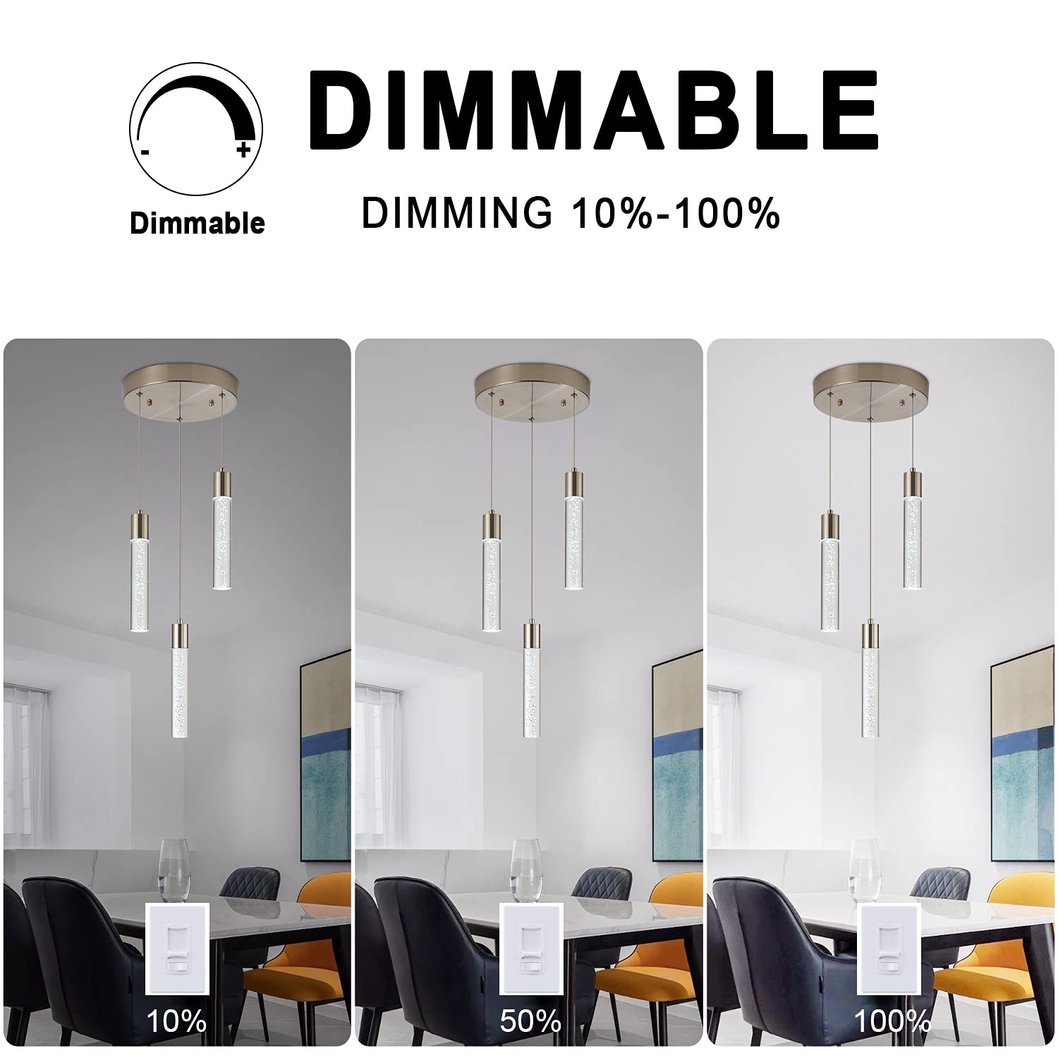 3-Light Pendant Lighting Fixture - Modern Satin Nickel Ceiling Light with Dimmable LED Bulbs, Crystal Bubble Chandelier for Kitchen Island, Dining Room, Living Room & Restaurant Decor (6000K Daylight White) - Perfect for Contemporary Home & Commercial Spaces