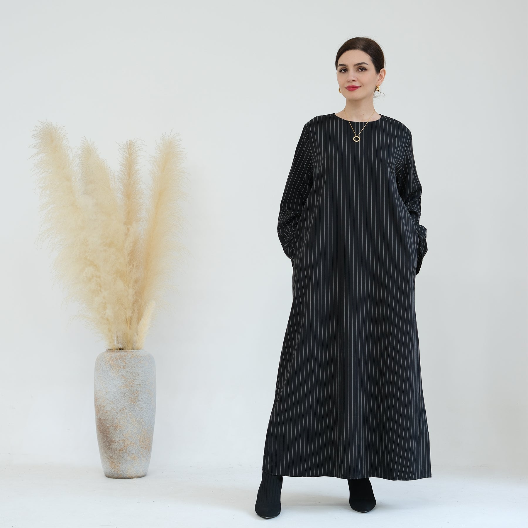 Janine Stripe Long Sleeve Belted Maxi Dress for Women - Elegant Black Flowy Dress for Parties, Weddings & Special Occasions