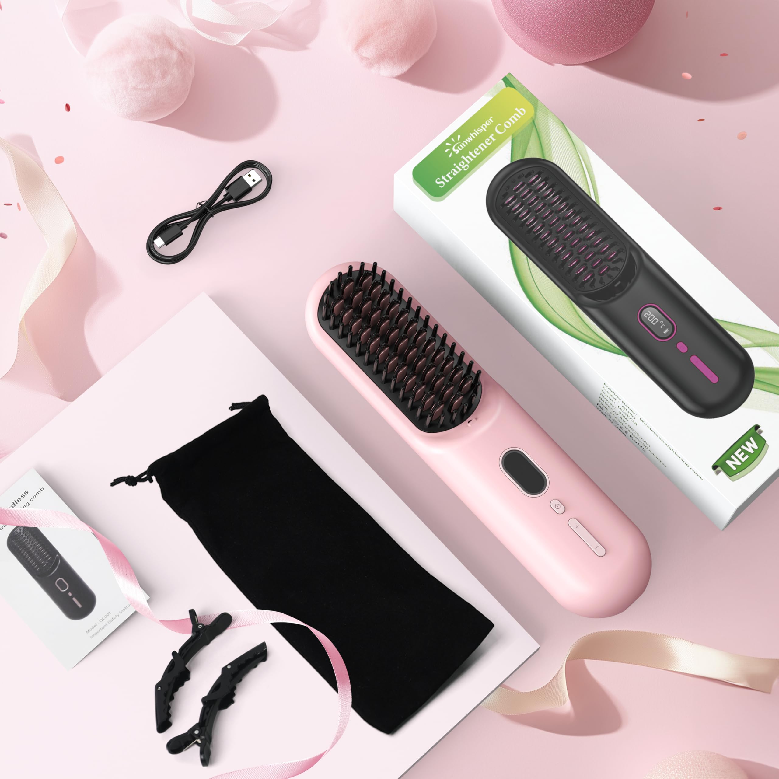 Cordless Hair Straightener Brush with LCD Temperature Display - Tourmaline Heated Styling Tool, 360° Heat Protection, Includes 2 Hair Clips & Travel Pouch | Perfect for Travel, Home & Salon Use - Pink