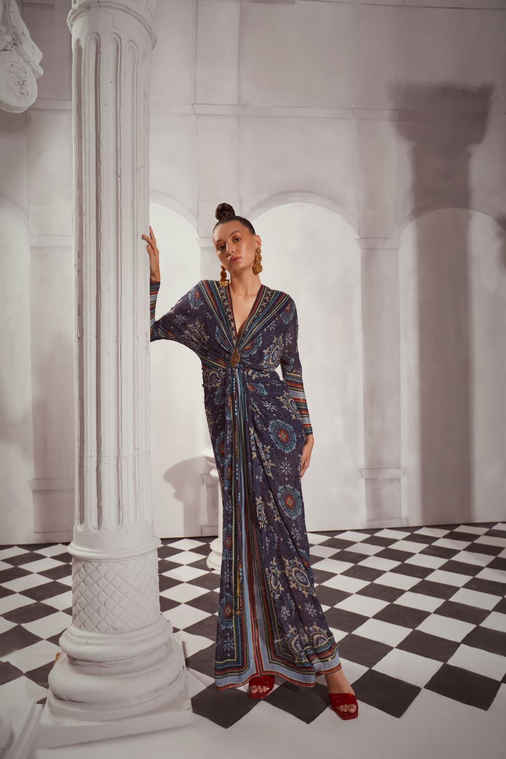Elegant Blue Mosaic Print Draped Maxi Dress for Women - Boho Chic Summer Beach Dress for Vacations & Parties
