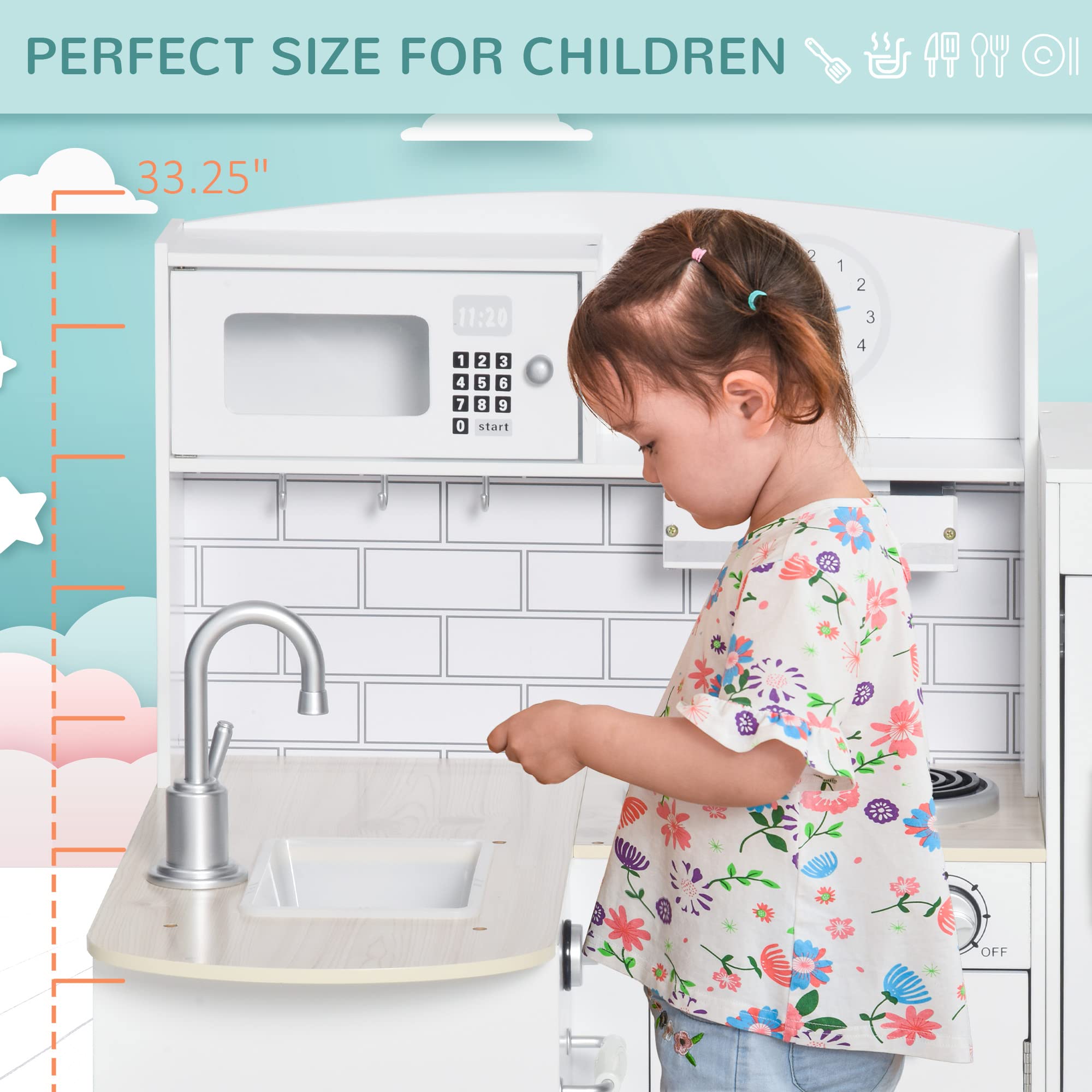 Qaba Corner Kids Wooden Pretend Kitchen Playset with Drinking Fountain, Microwave, Fridge & Accessories - Durable Toy Kitchen for Ages 3+ in White - Perfect for Home, Preschool & Playroom Pretend Play