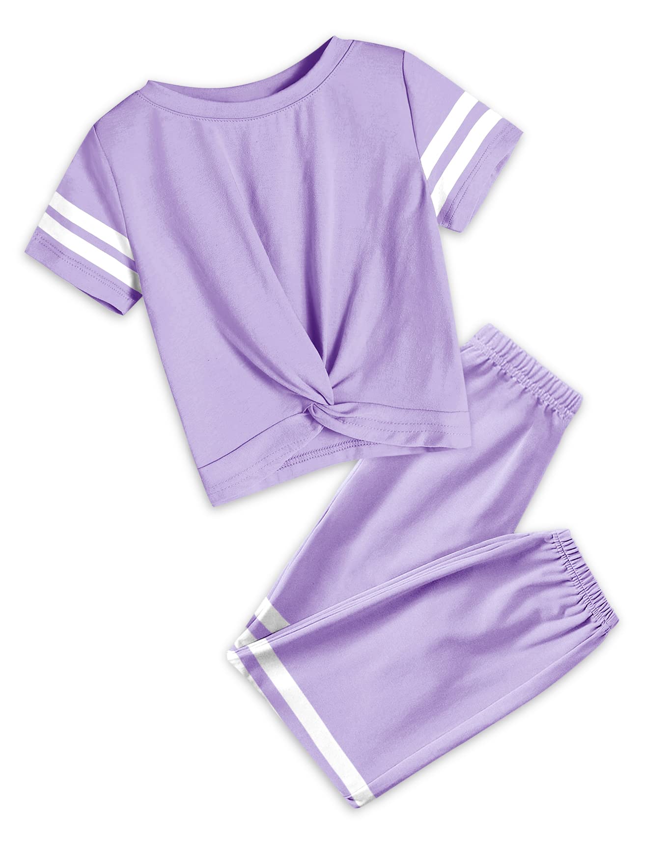 **GAMISOTE Girls 2-Piece Outfit Set - Striped Crop Top & Sweatpants, Athletic Summer Tracksuit for Kids | Casual Wear, Playdates & Outdoor Activities**
