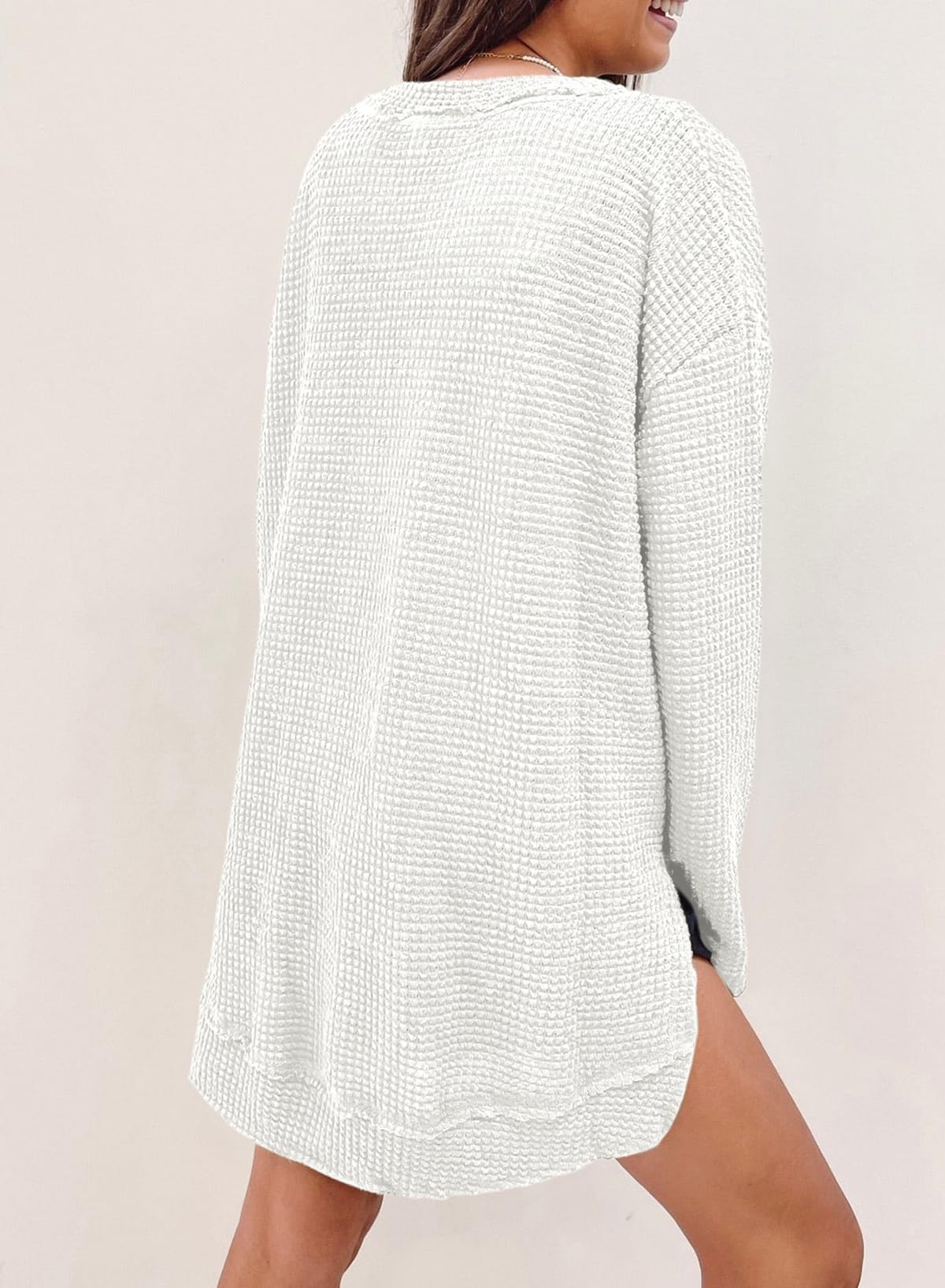 Women's Long Sleeve Oversized Crewneck Sweatshirt - Soft Waffle Knit Top for Spring 2025 | Casual Loungewear & Streetwear Fashion