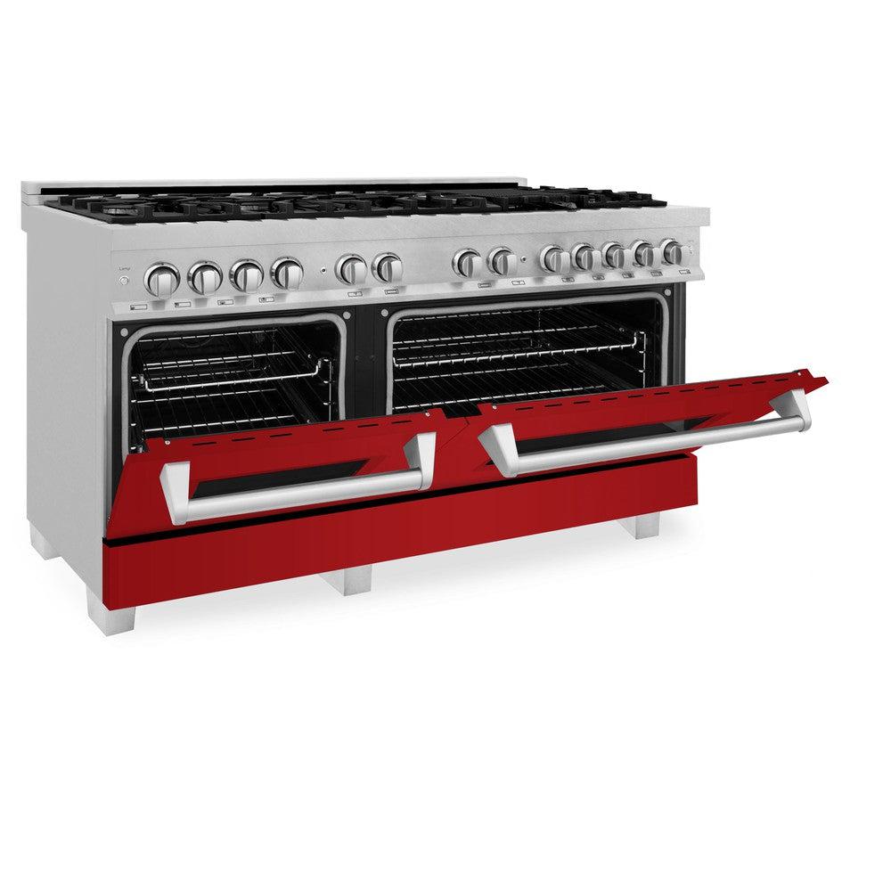 ZLINE 60-inch 7.4 cu. ft. Legacy Dual Fuel Range - 9 Burner Gas Cooktop & 2 Electric Convection Ovens - Satin Stainless Steel with Red Gloss Doors (RAS RG 60) - Perfect for Professional Home Chefs & Modern Kitchens