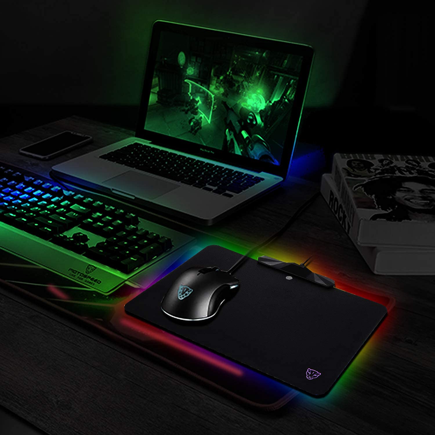 MOTOSPEED RGB Gaming Mouse Pad with LED Lighting Effects - Wired Hard Surface Mouse Mat for PC, Laptop, Computer Games (13.8x9.8 Inch) - Perfect for Esports, FPS, MMO Gaming & Office Work