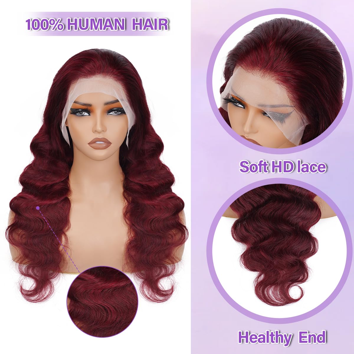 26 Inch Burgundy 13x4 Lace Front Wig Human Hair - 99J Body Wave Pre Plucked 180% Density HD Transparent Red Wig with Baby Hair for Women | Perfect for Daily Wear, Parties, Cosplay & Special Occasions