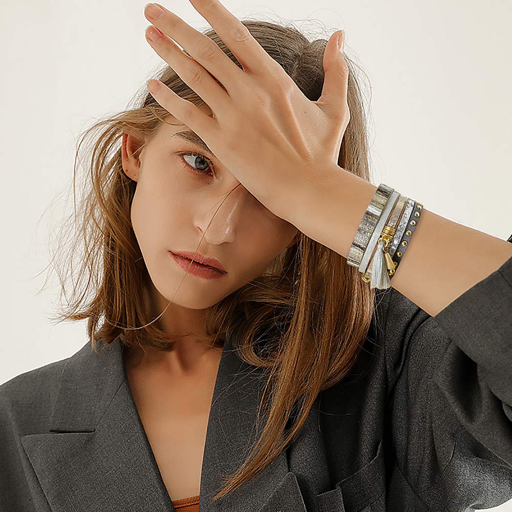 Wowanoo 3-Pack Leather Cuff Bracelet Set for Women - Multilayer Wrap Bracelet with Crystal Feather Tree Design & Magnetic Clasp | Boho Chic Jewelry for Casual Wear, Parties & Gift Giving