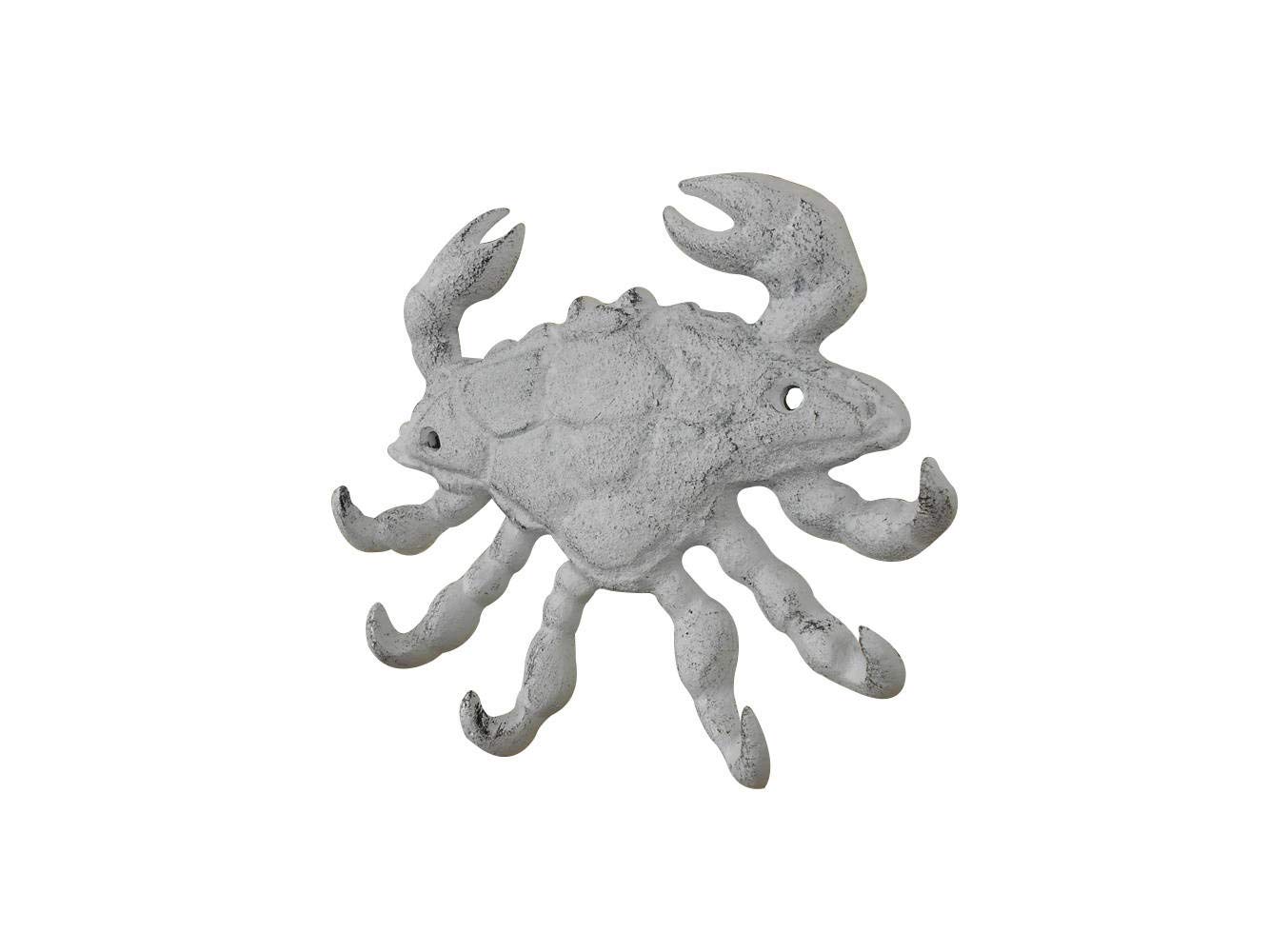 Vintage Whitewashed Cast Iron Crab Wall Decor with 6 Metal Hooks - 7 Inch Coastal Beach House Decor for Kitchen, Bathroom or Porch