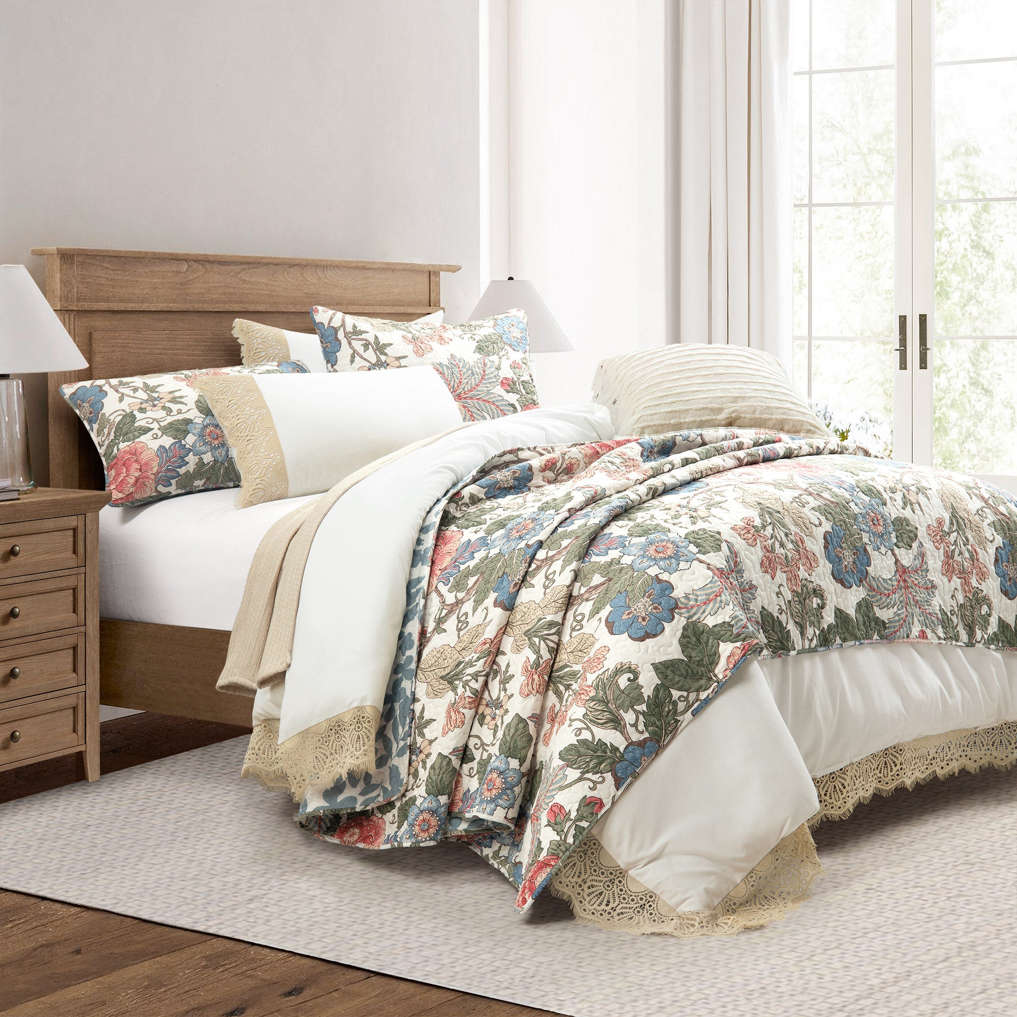 Scalloped Lace Cotton Duvet Cover Set - Queen Size 3 Piece Bedding Set with Pillowcases, Elegant Boho Chic Style for Master Bedroom Decor