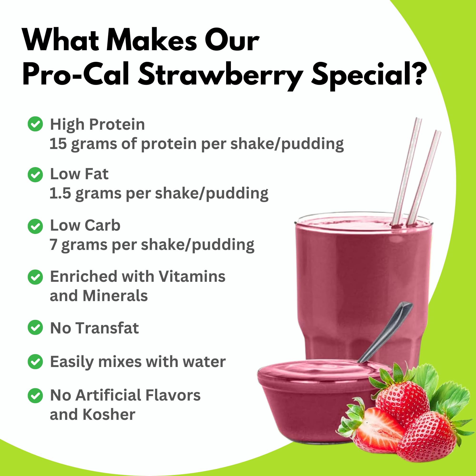 Pro-Cal Low Calorie Protein Pudding & Shake Mix - Strawberry Flavored Meal Replacement with 15g Protein (7 Packets per Box) | Kosher Certified for Healthy Weight Management - Perfect for Post-Workout Recovery, Breakfast Boost or On-the-Go Nutrition