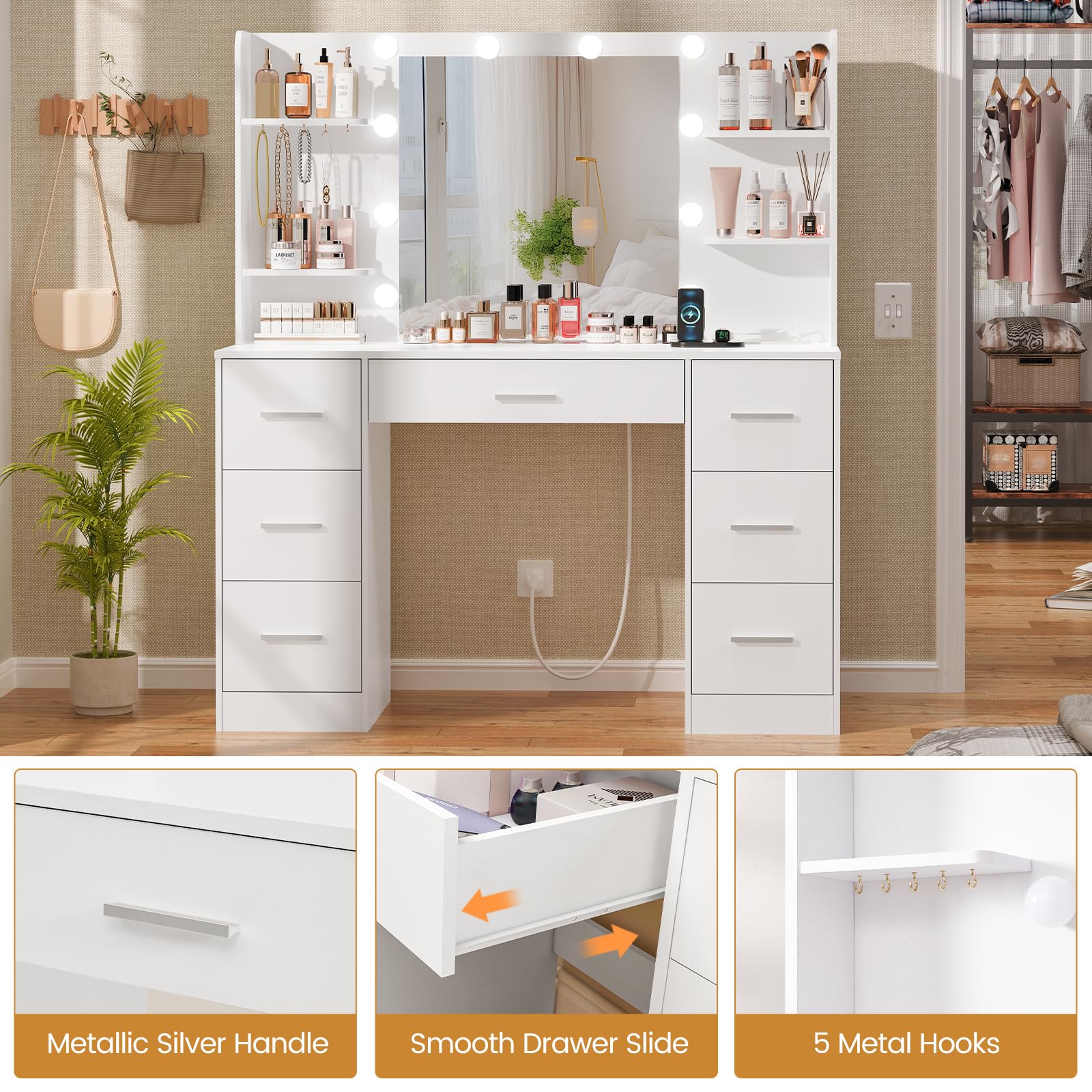 Quimoo White Large Vanity Desk with LED Lighted Mirror & Power Outlet - Makeup Vanity Table with 7 Drawers, 4 Shelves & 5 Hooks - Perfect for Bedroom & Bathroom Organization - Ideal for Makeup, Skincare & Jewelry Storage