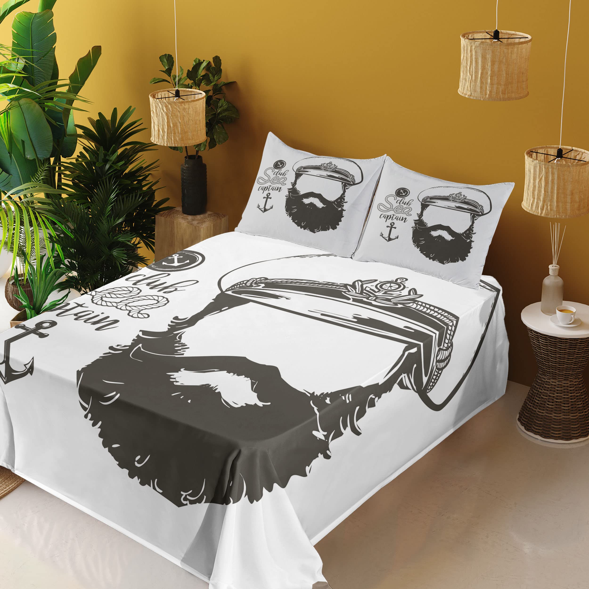 Ambesonne Anchor Sheet Set - 4 Piece King Size Bedding with Faceless Captain & Beard Seaman Illustration | Brown & White Nautical Themed Fitted Sheet, Flat Sheet & Pillowcases | Perfect for Coastal Decor, Beach House Bedrooms & Maritime Enthusiasts