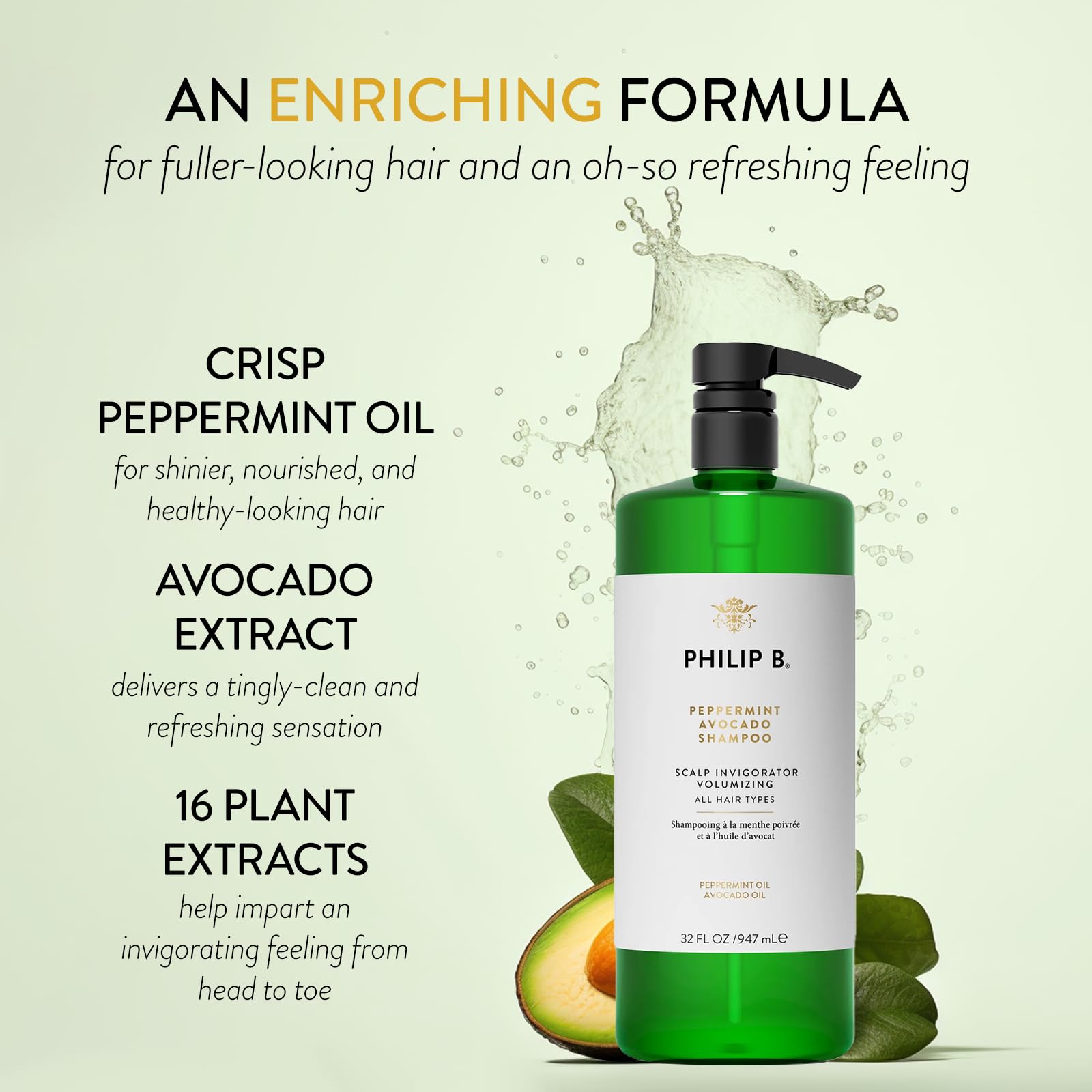 PHILIP B. Peppermint Avocado Shampoo & Volumizing Conditioner Set - 32 oz Each for Deep Cleansing & Hair Growth | Perfect for Dry Scalp & Thinning Hair Care Routine