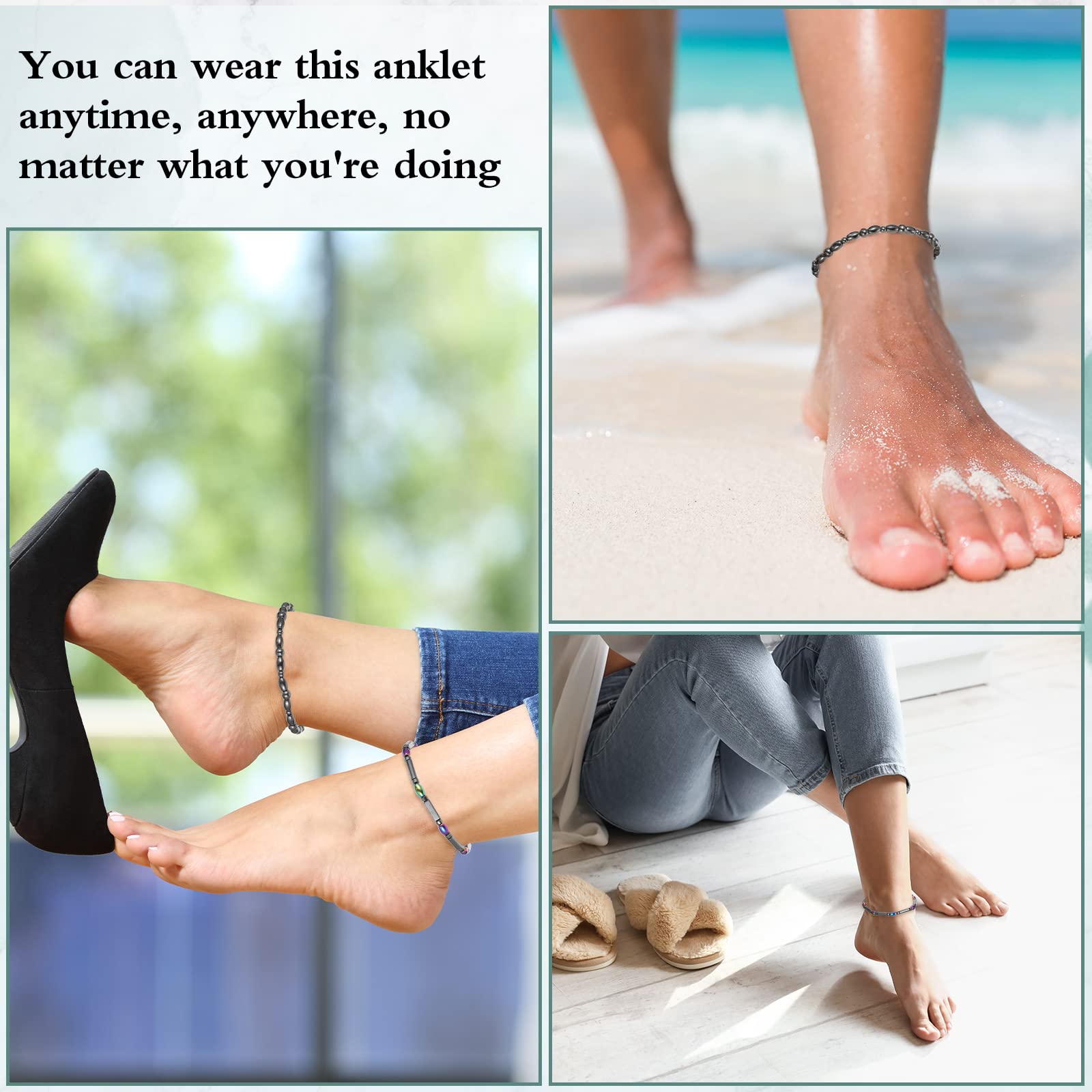 Herdear 4 Pcs Magnetic Hematite Ankle Bracelets for Women & Men - Beaded Magnetic Therapy Anklets with Energy Stones, 2 Stylish Designs - Perfect for Yoga, Meditation & Wellness Jewelry