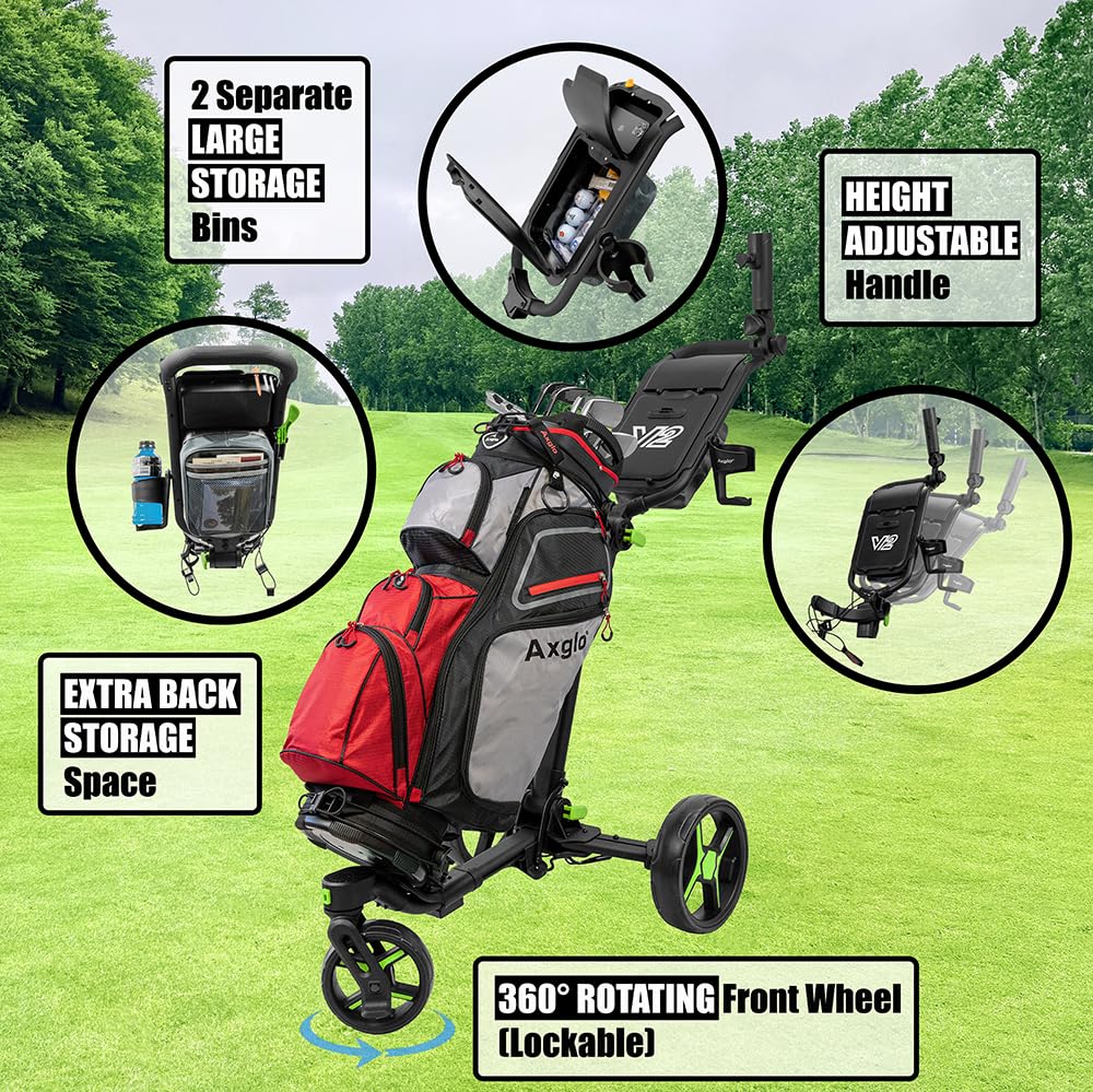 V2 Golf Push Cart - 3 Wheel Lightweight Golf Cart with 360° Swivel Front Wheel, Hand Brake & Easy Fold Design | Includes Cup Holder, Umbrella Holder & Scorecard Holder | Perfect for Golf Courses, Driving Ranges & Outdoor Practice