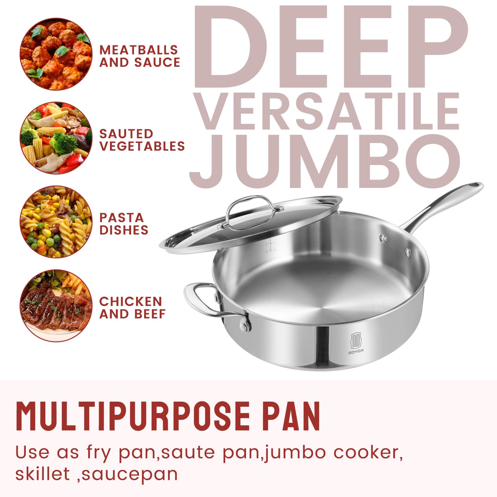 ROYDX 12 Inch Stainless Steel Skillet with Lid - 5qt Deep Frying Pan, Tri-Ply Clad Non-Toxic Cookware, Stay-Cool Handle, Induction Compatible, Oven & Dishwasher Safe - Perfect for Searing, Stir-Frying & Family Cooking