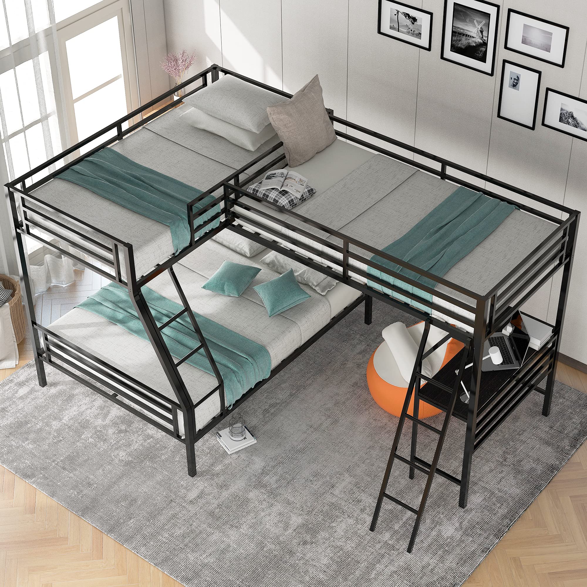 Triple Bunk Beds with Ladder - L-Shaped Twin Over Full Metal Bunk Bed Frame with Attached Loft Bed & Desk for Kids, Teens, Boys & Girls - Space-Saving Metallic Black Corner Bunk Bed for Small Rooms, Dorms & Shared Bedrooms