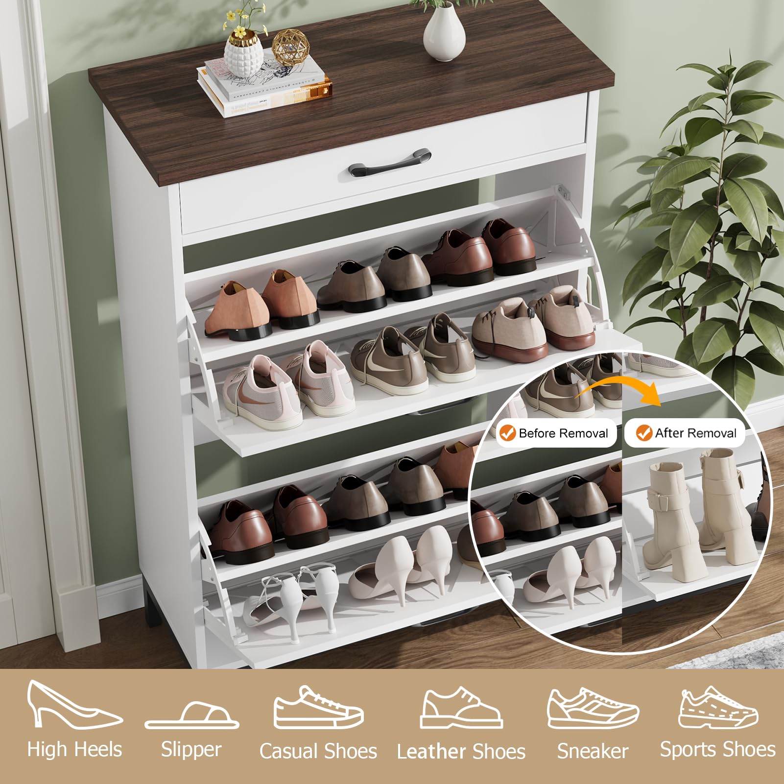 Farmhouse Style White Shoe Cabinet with 2 Flip Drawers - Narrow Entryway Shoe Storage Organizer for Hallway, Foyer & Door Entry - Free Standing Hidden Shoe Storage Cabinet (Perfect for Small Spaces & Apartment Living)
