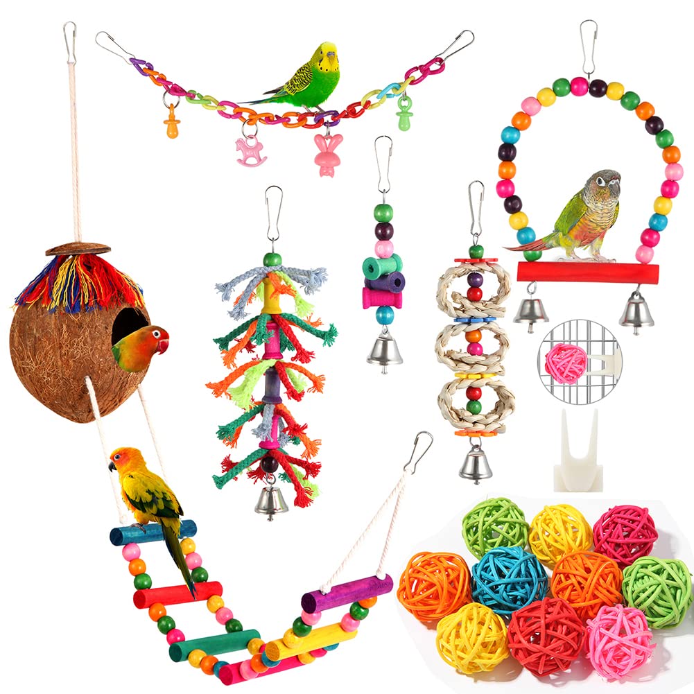 17 Pcs Bird Toys Set - Parakeet Swing, Chewing Hanging Toys & Climbing Ladder for Cockatiels, Conures, Finches, Budgies - Perfect for Bird Cage Enrichment and Playtime Activities