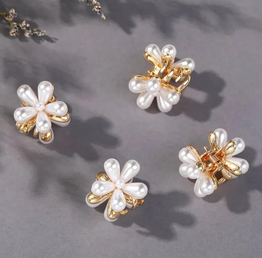 12-Pack Mini Pearl & Flower Hair Claw Clips for Women & Girls - Gold Metal Hair Barrettes & Accessories for School, Work, Parties & Everyday Styling (White)