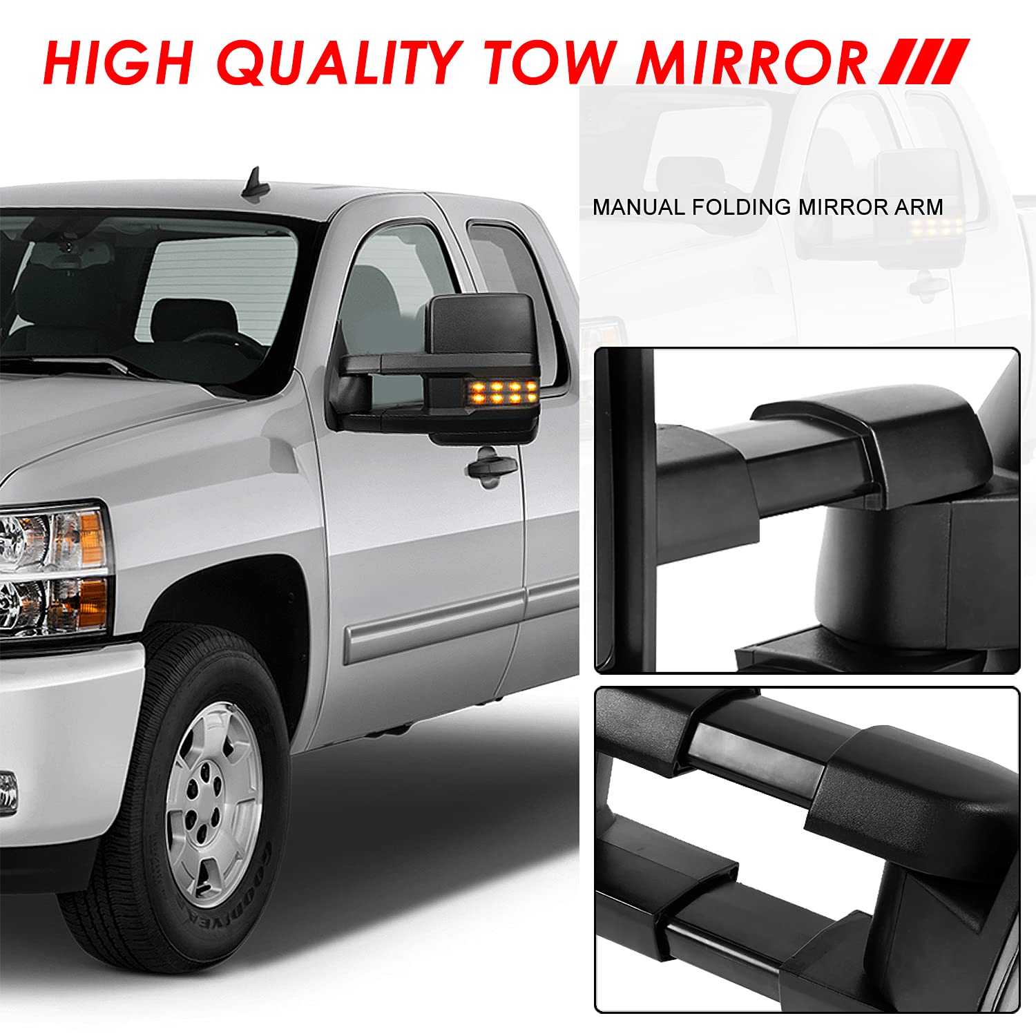 Auto Dynasty Black Power Heated Smoked LED Turn Signal Lights Tow Mirrors for 2003-2007 Chevy Silverado Tahoe GMC Sierra Yukon - Upgrade Your Truck for Winter Driving & Towing Safety