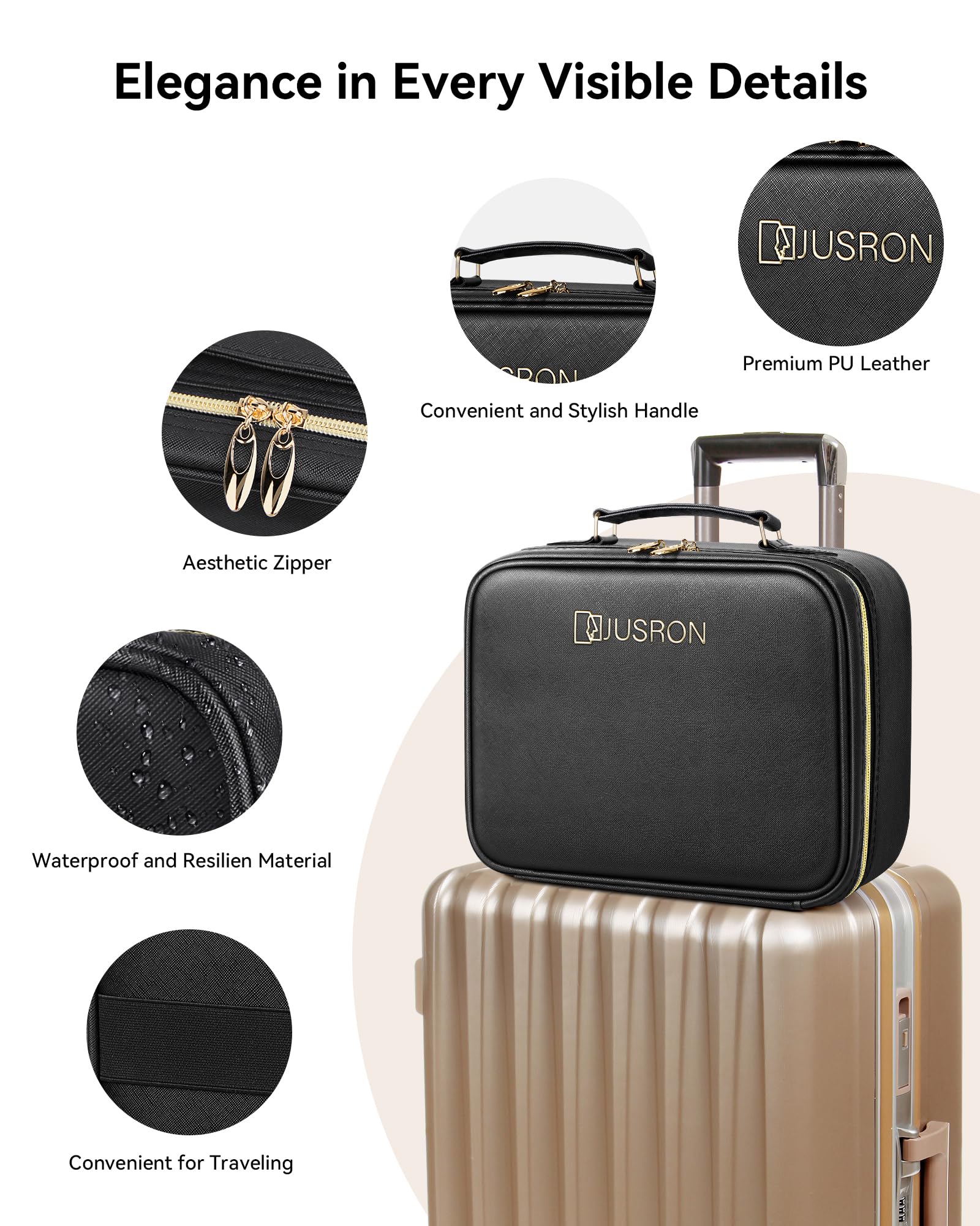 JUSRON LED Travel Makeup Bag with Mirror - Portable Organizer for Makeup Artists & Travel Use