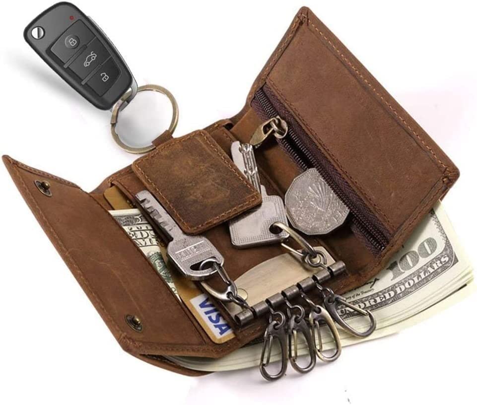 Premium Leather Key Holder Wallet with 6 Hooks & Car Key Hook - Organizer for Men & Women (Brown) - Perfect for Home, Office & Travel Key Organization