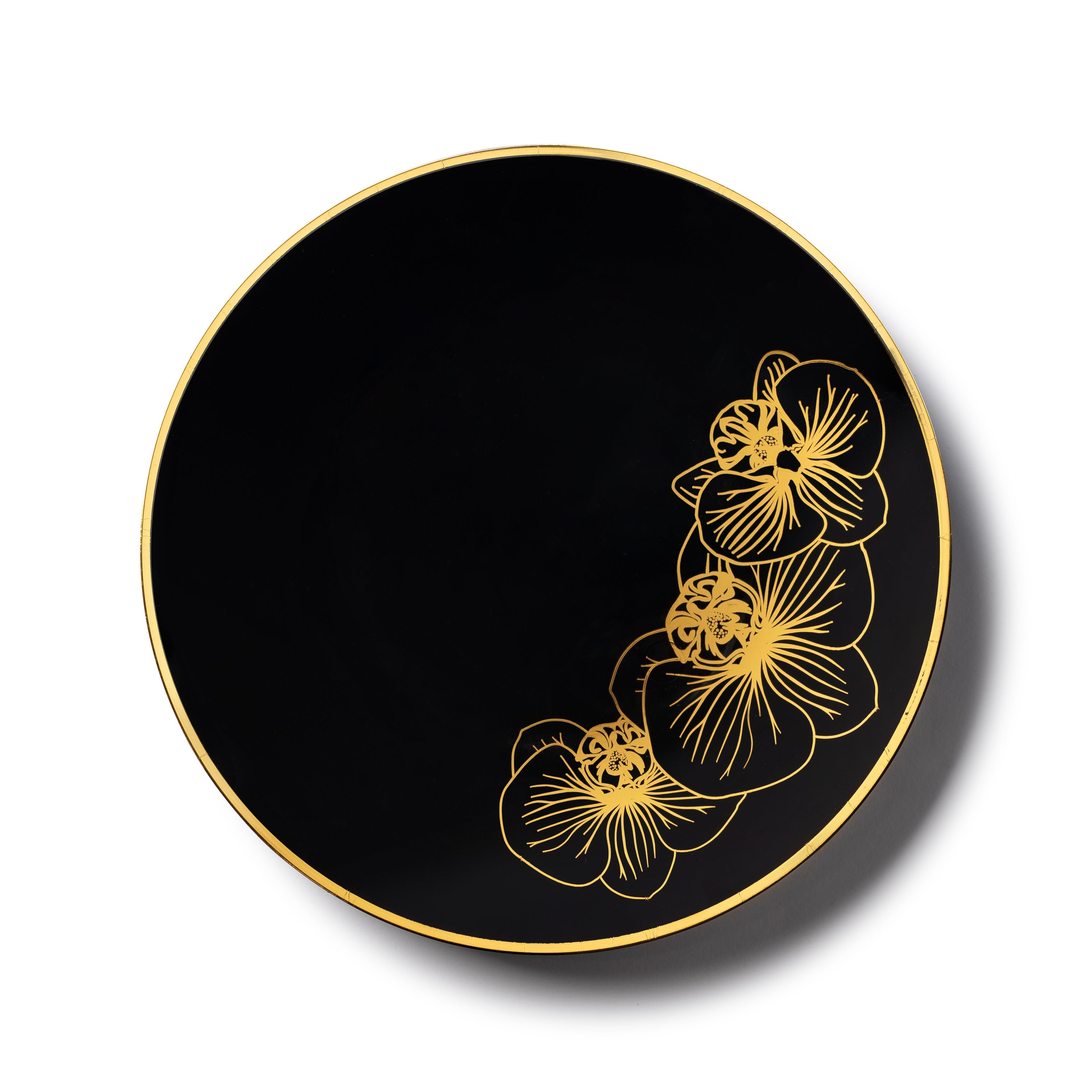 Elegant Black and Gold Round Plastic Plates - 12-Pack Disposable Dinnerware for Parties, Weddings & Events - Orchid Floral Design - Perfect for Indoor & Outdoor Gatherings