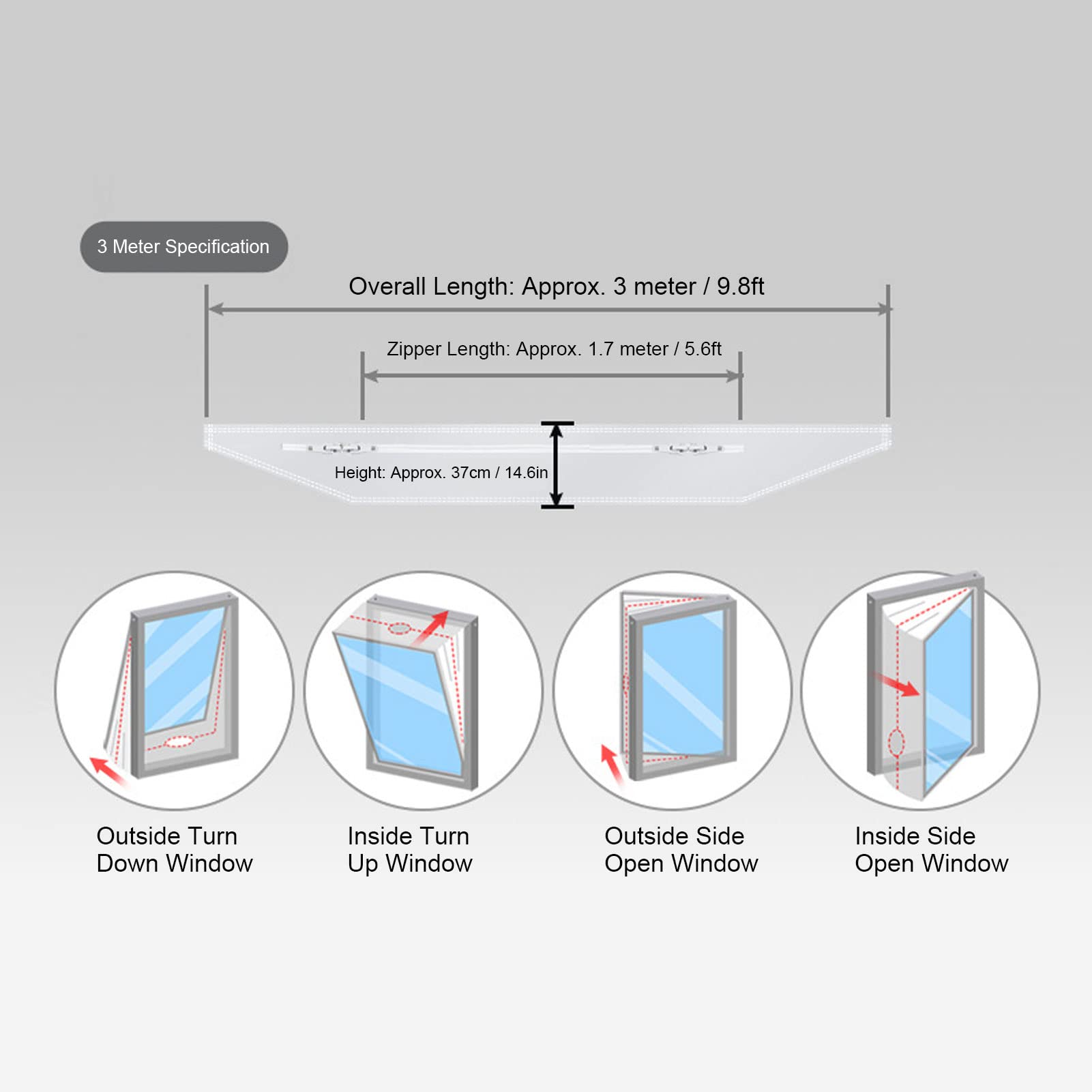 Universal Portable Air Conditioner Window Sealing Kit - 3 Meter (9.8ft) Silver Grey AC Baffle Frame for Efficient Cooling - Perfect for Bedrooms, Living Rooms & Home Offices