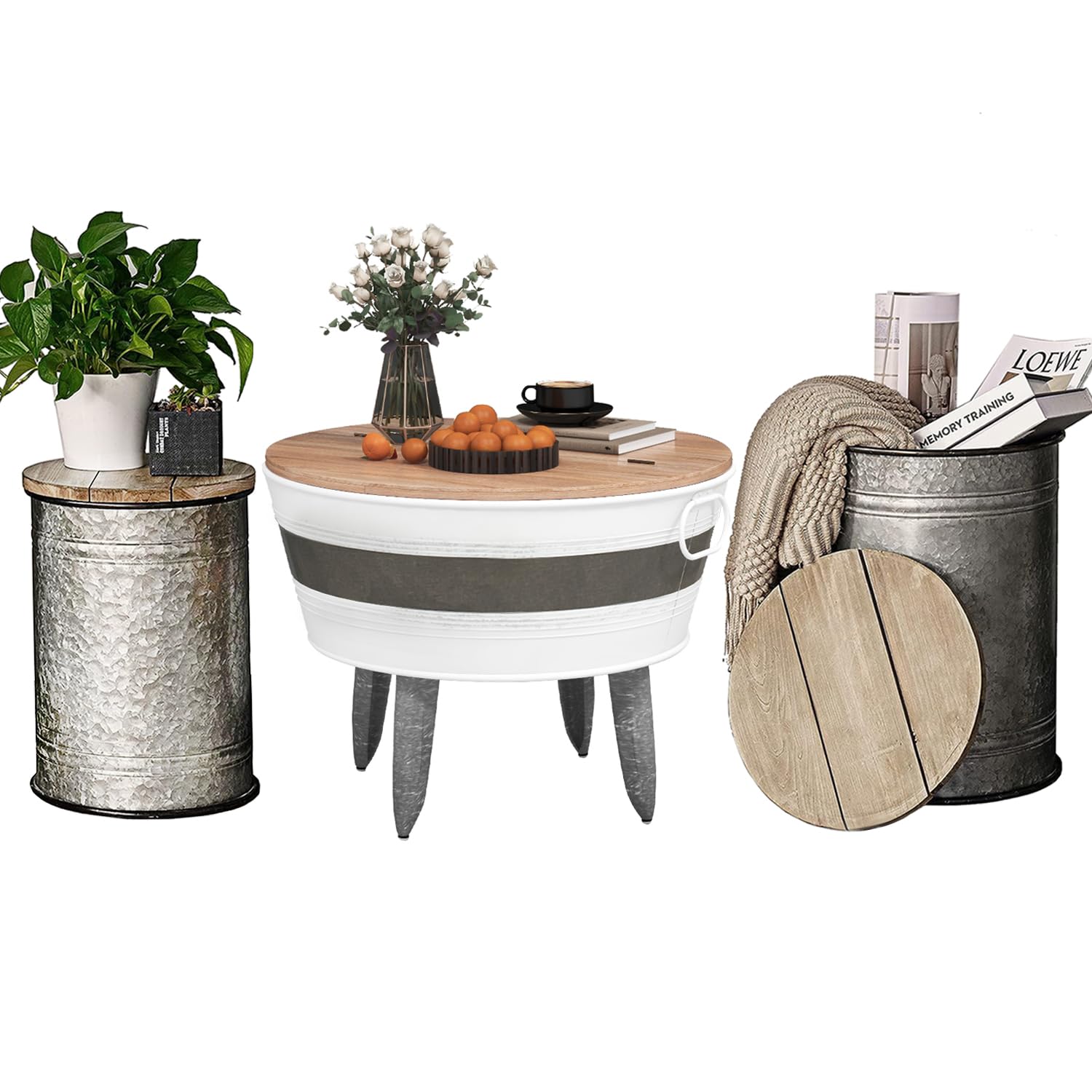 Oneinmil 3-Piece Rustic Table Set - 2 Galvanized Side Tables, Metal Barrel Toy Storage Bin with Wooden Lid & Large Storage Coffee Table - Perfect for Living Room, Bedroom, and Patio Decor